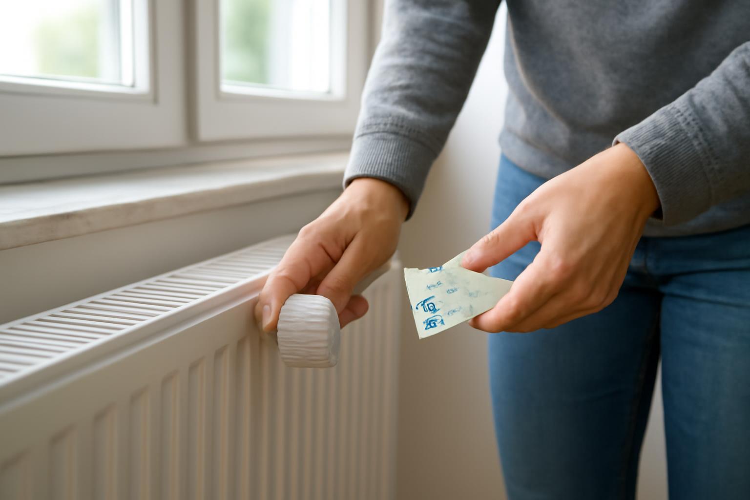 Egy személy a fűtőtest termosztátját állítja, miközben költségeket számol.