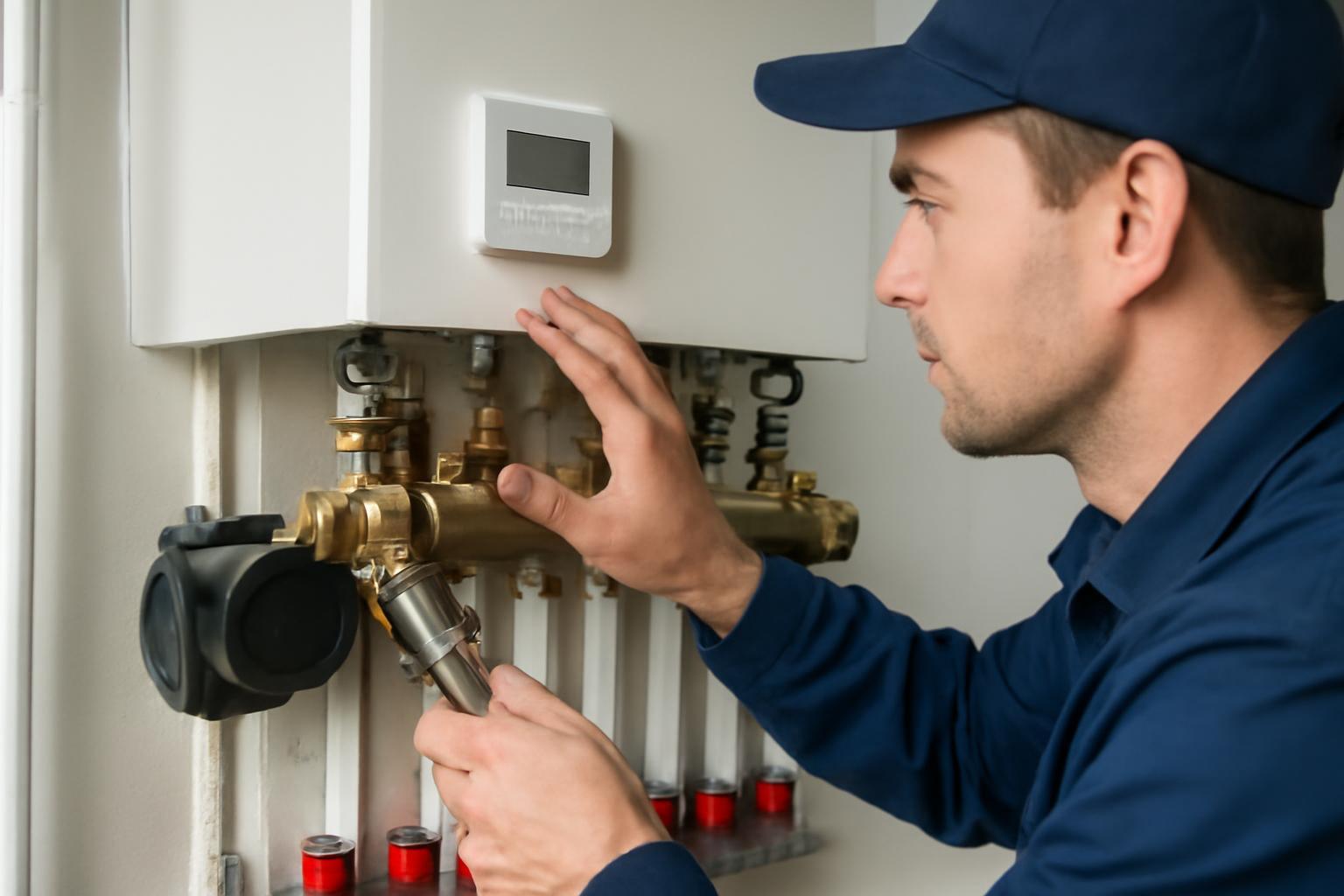 Egy szakember fűtési rendszer beszabályozásán dolgozik, figyelmesen állítja a szelepeket.
