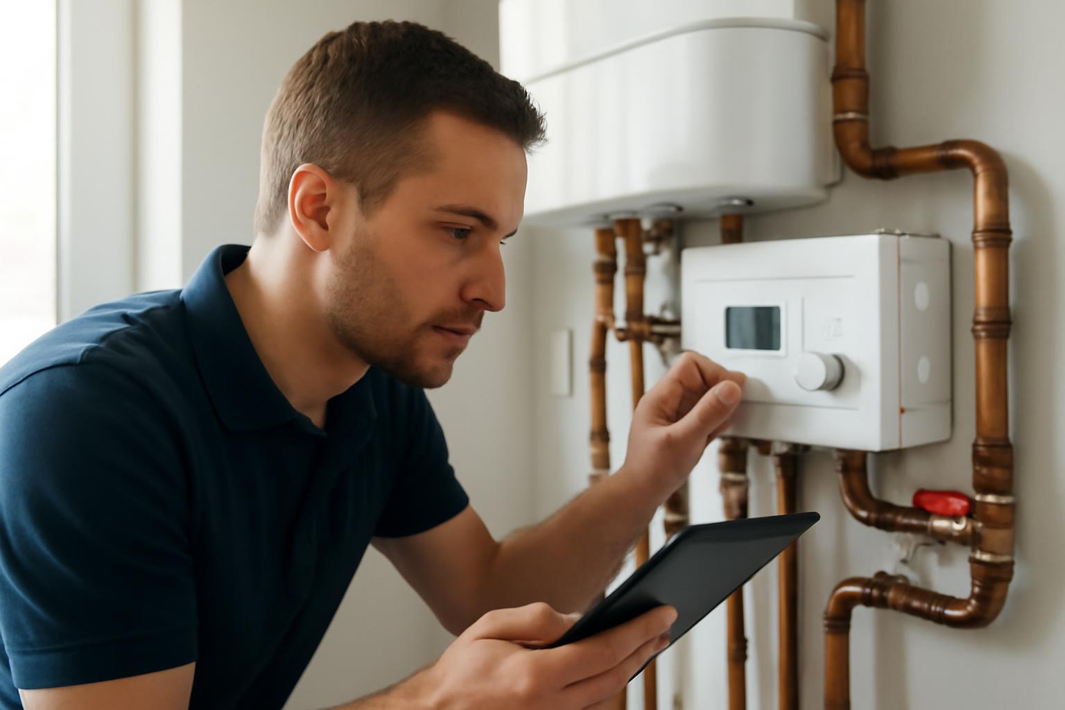 Egy férfi fűtési rendszer vezérlőpaneljét állítja be táblagéppel.