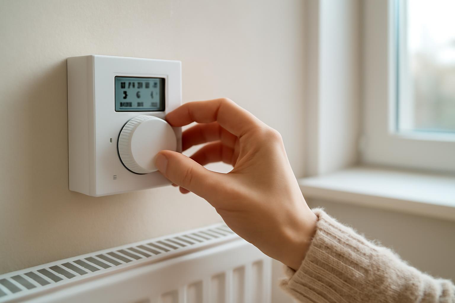 Egy kéz egy fűtésvezérlő termosztáton állítja a hőmérsékletet.