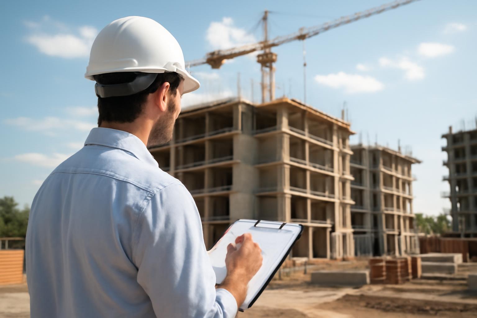 Egy építkezés helyszínén álló férfi, aki jegyzetel a kivitelezésről.