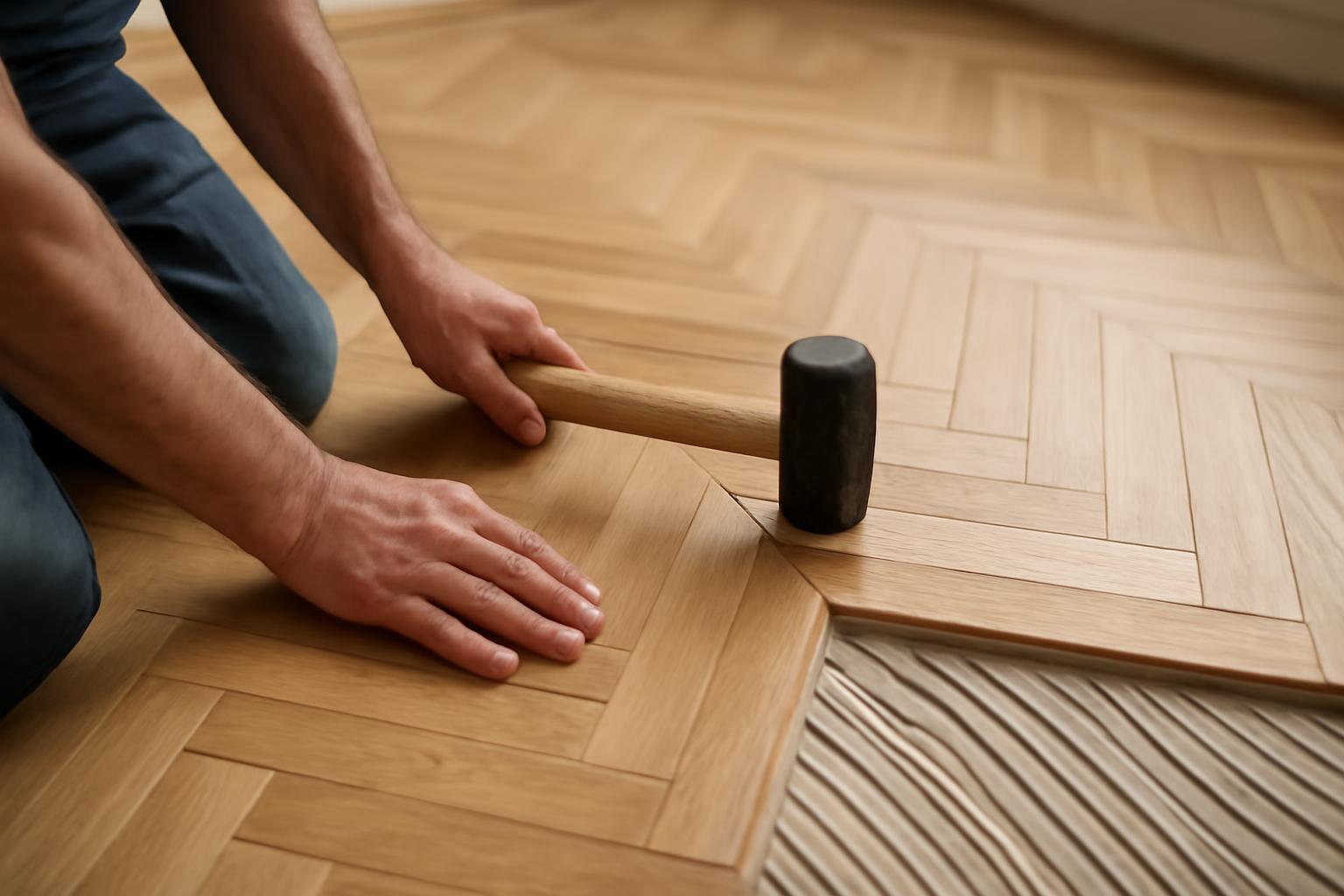 Egy kéz parkettát rak le halszálka mintában, kalapáccsal igazítva.