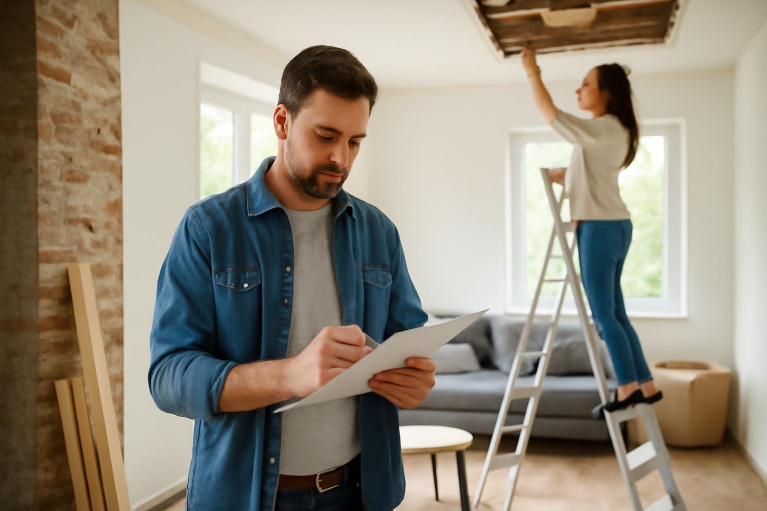 Egy férfi papírokat néz, míg egy nő létrán állva dolgozik a házfelújításon.