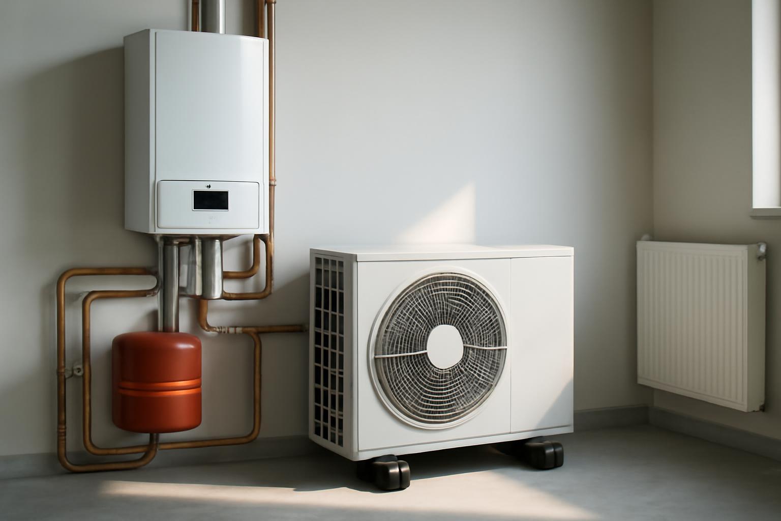 Egy modern hűtés-fűtés rendszer, falra szerelt kazánnal és kültéri egységgel.