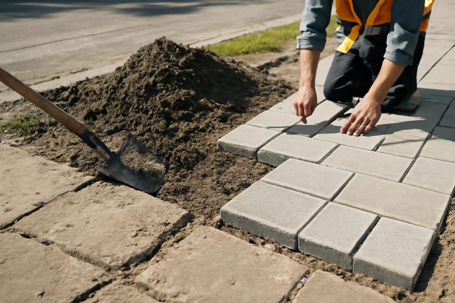 Munkás járda felújítás közben, térköveket helyez el a földön.