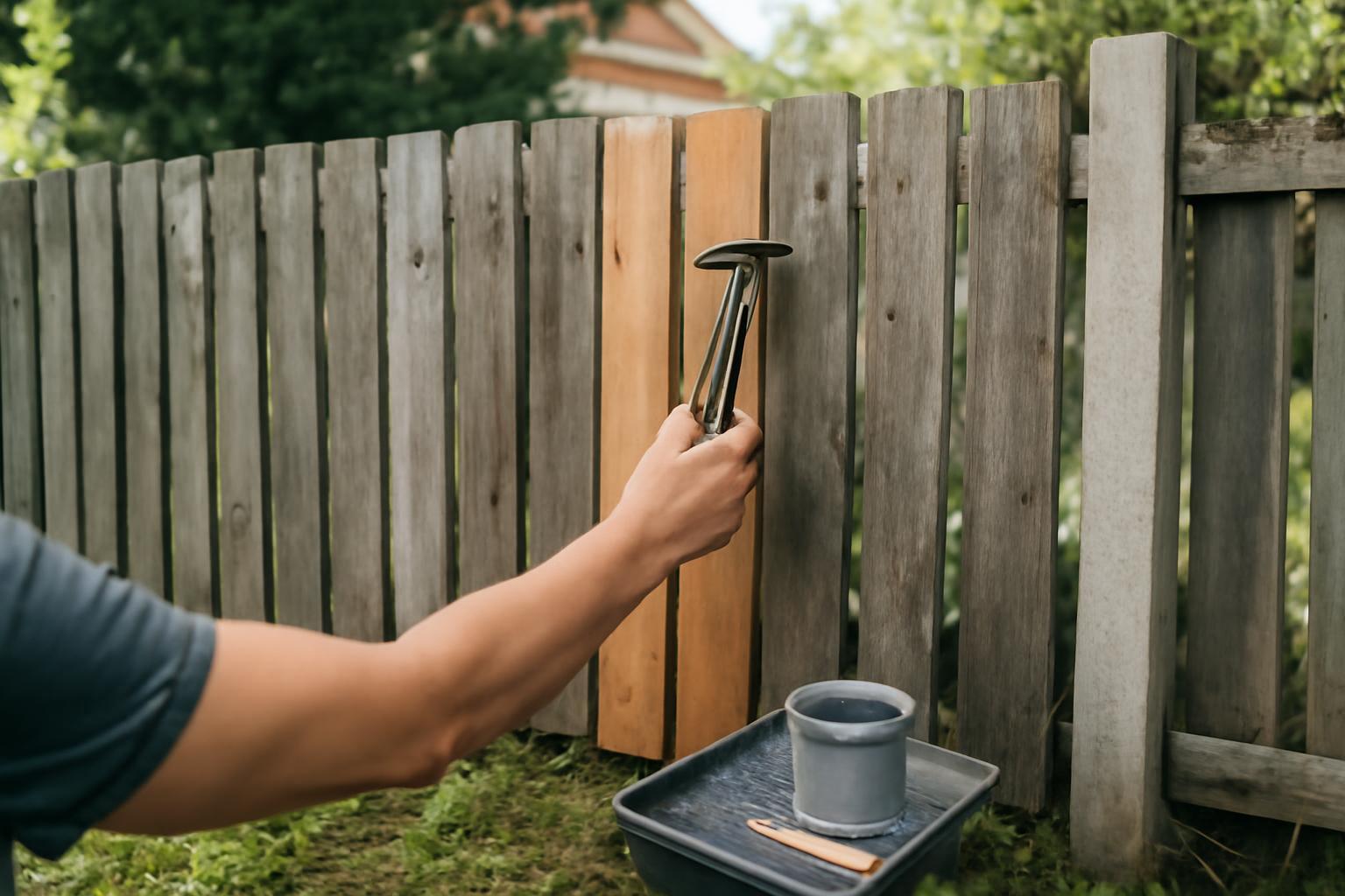 Kézben tartott szerszámmal egy kerítés deszkáját javítják, mellette festékes vödör.