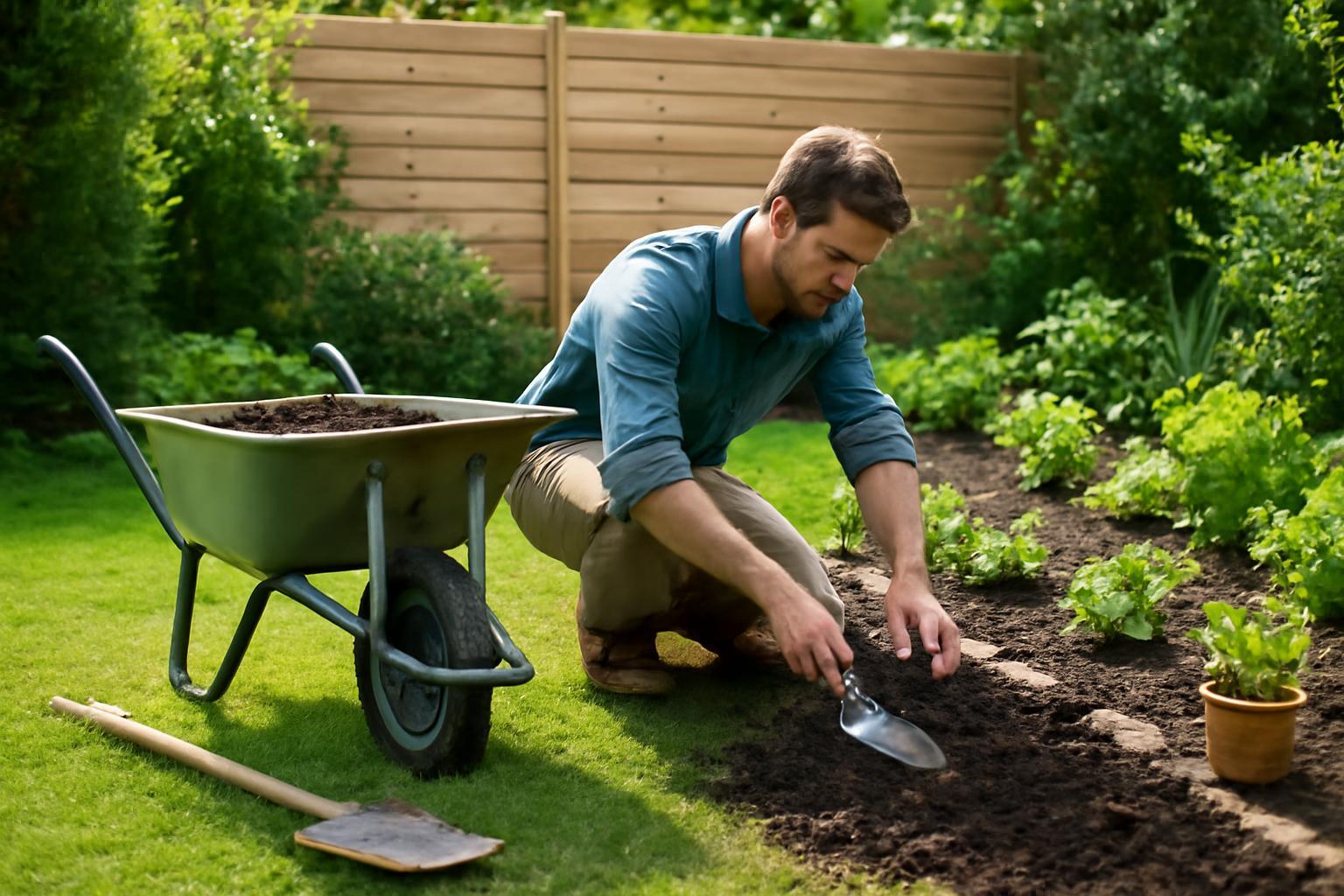 Egy férfi a kertben dolgozik, földet ás és növényeket ültet.