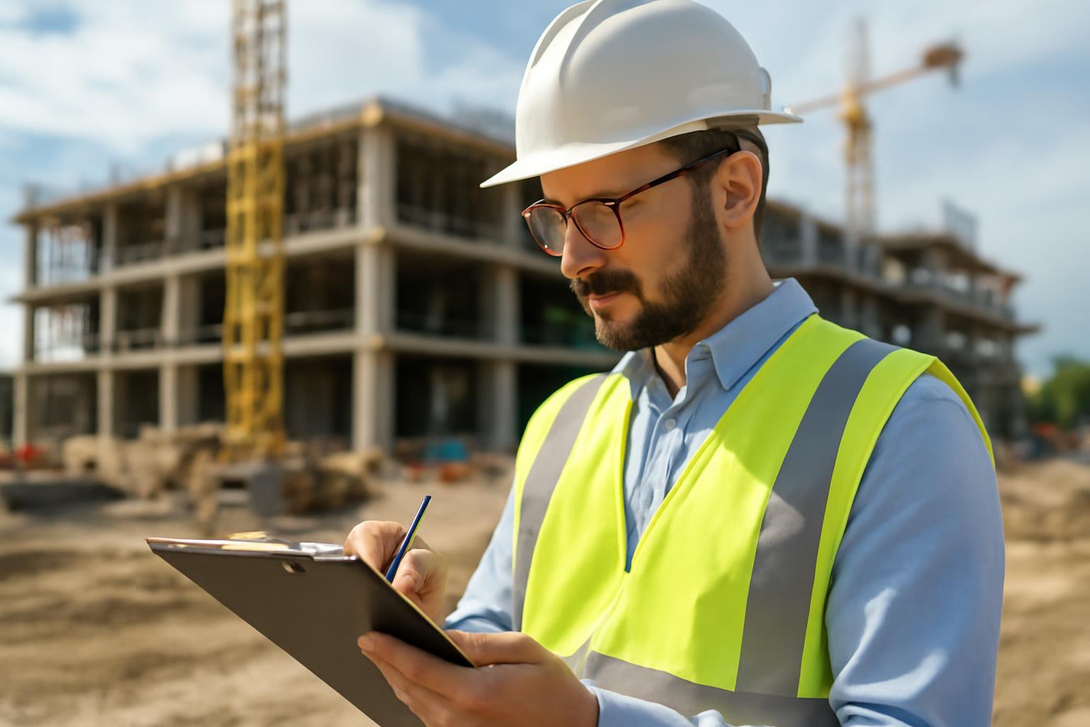 Egy építkezésen dolgozó szakember, aki jegyzetel a kivitelezés felügyelete közben.