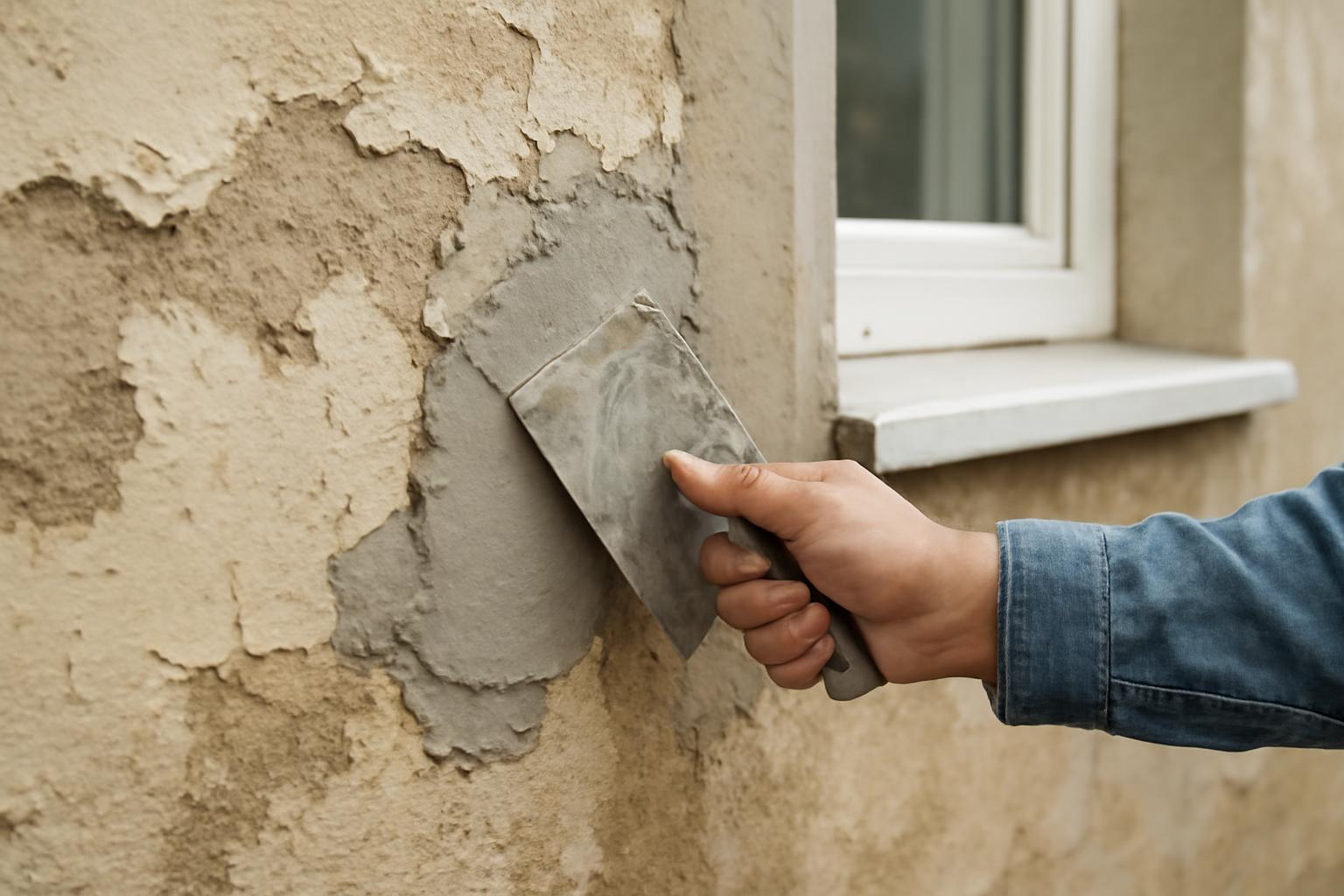 Kéz egy vakolókanállal, amely friss vakolatot simít egy falra.