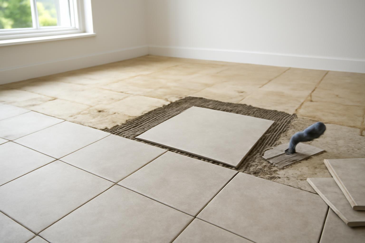 Frissen burkolt padló, részben elkészült cserével, látható a burkolóanyag.