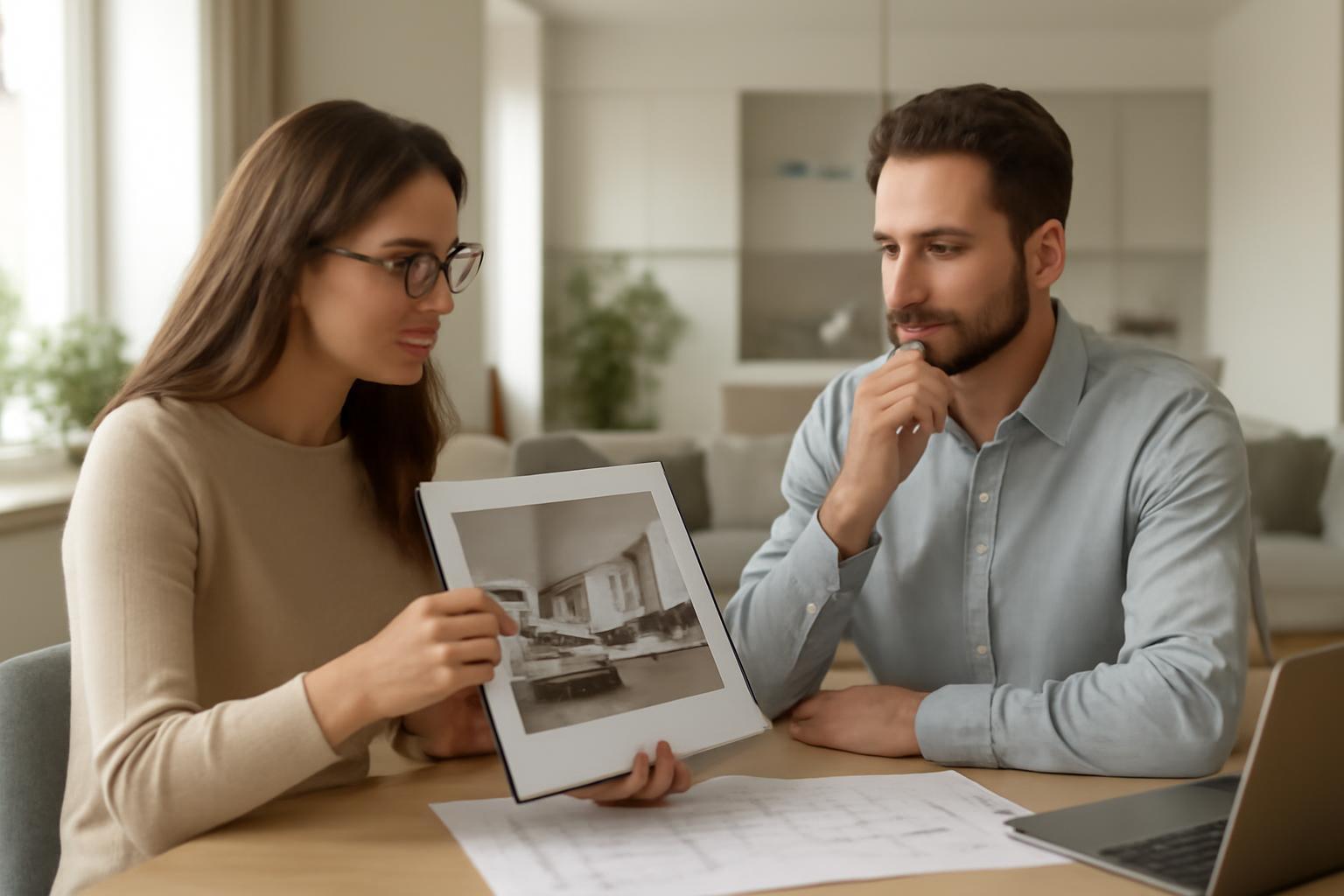 Egy nő egy lakásfelújítási tervet mutat be egy férfinak, miközben a költségekről beszélgetnek.