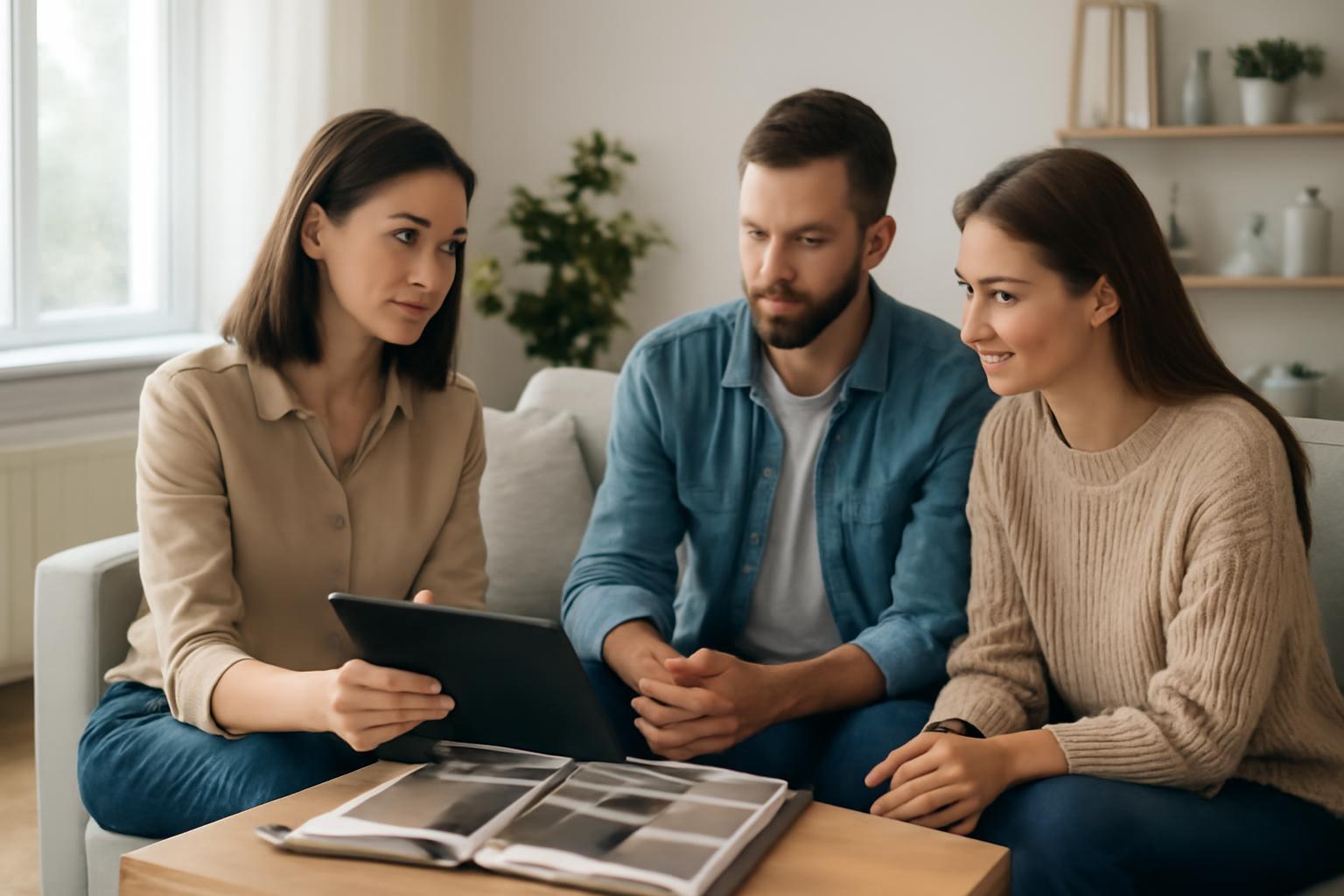 Egy lakberendező bemutatja a felújítási terveket egy párnak egy modern nappaliban.