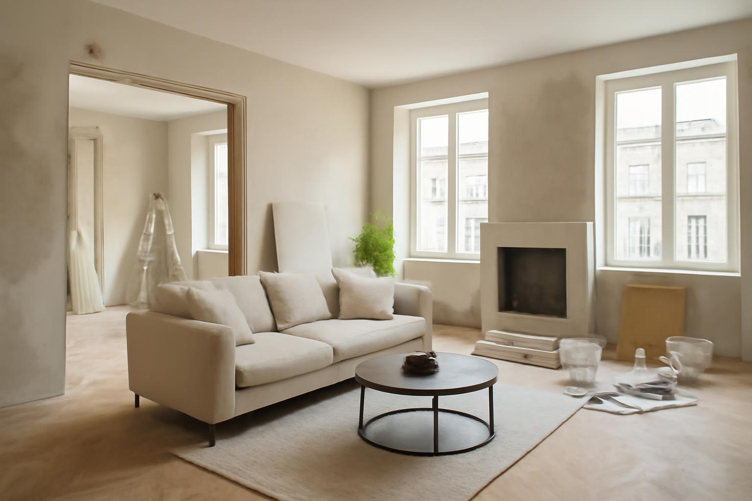 Modern, világos nappali, minimalista bútorokkal és felújítás alatt álló falakkal.