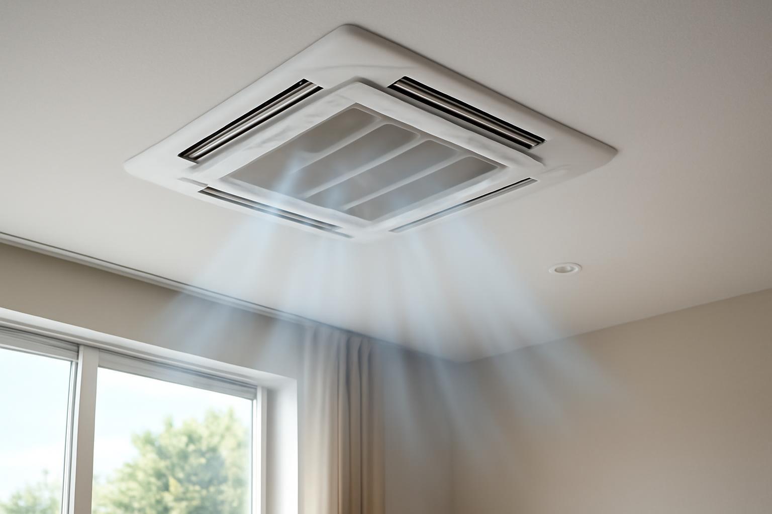 Mennyezeti hűtés-fűtés rendszer, amely friss levegőt áramoltat egy modern szobában.