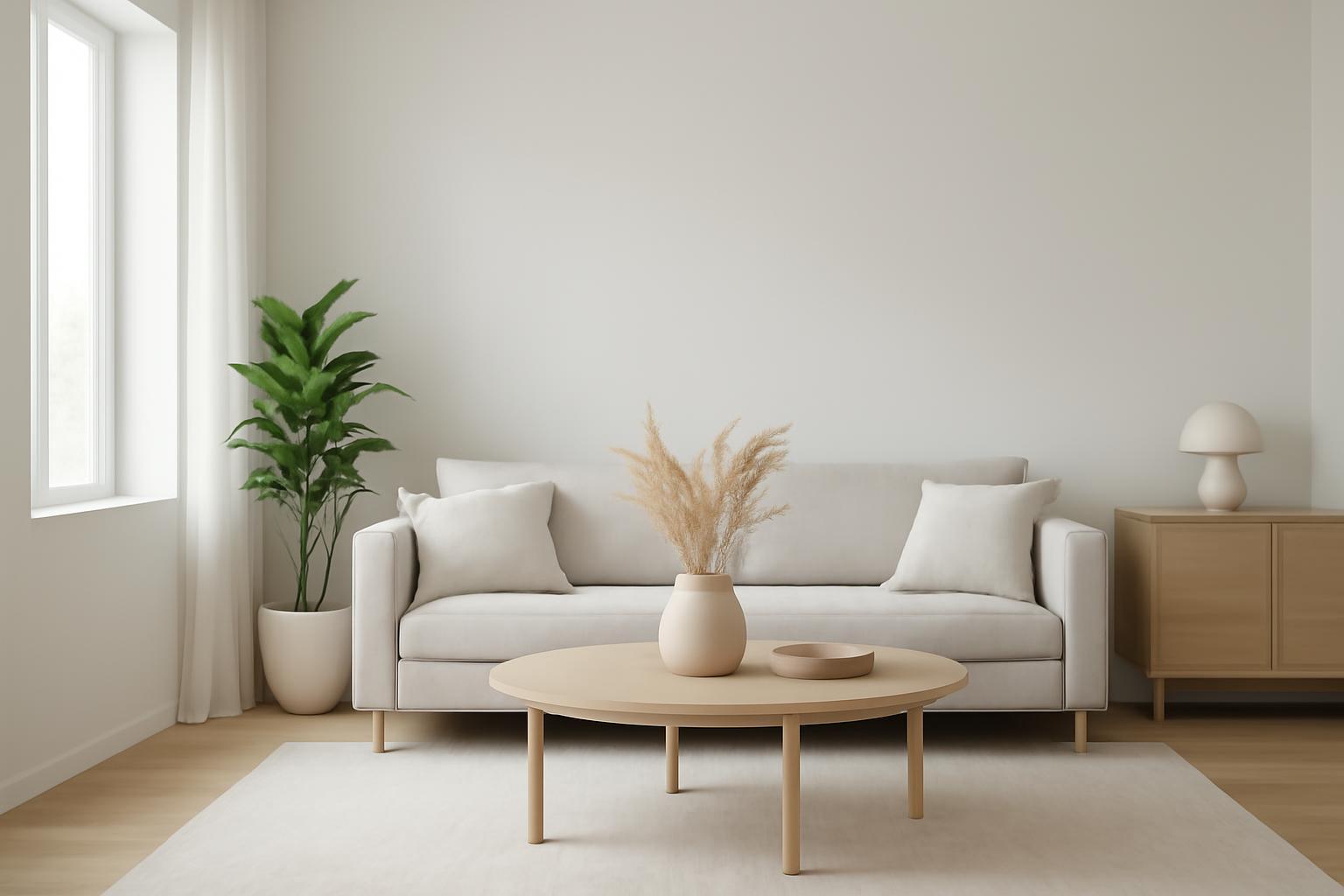 Egy minimalista nappali világos színekkel, kényelmes kanapéval és növényekkel.