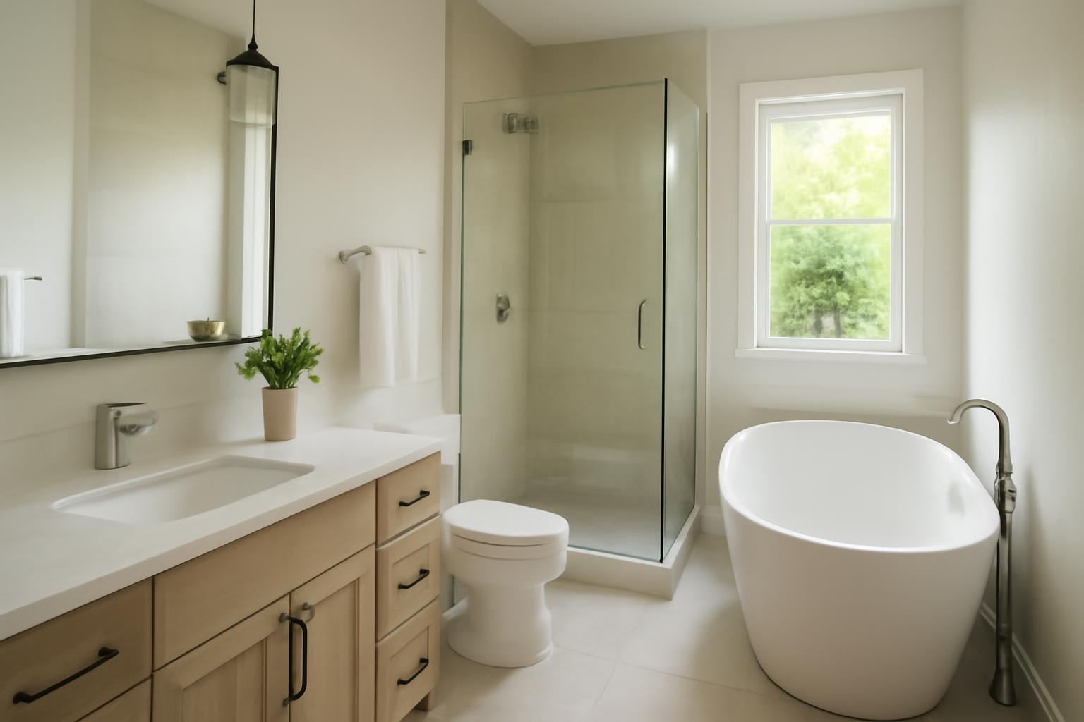 Modern fürdőszoba, világos színekkel, üveg zuhanyzóval és szabadon álló káddal.