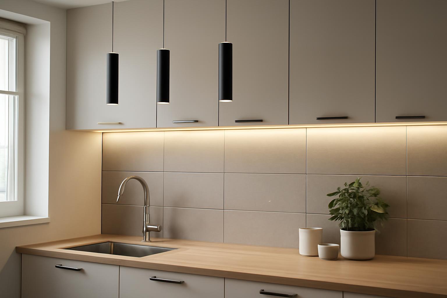 Modern konyhai világítás fekete függőlámpákkal és LED csíkkal.