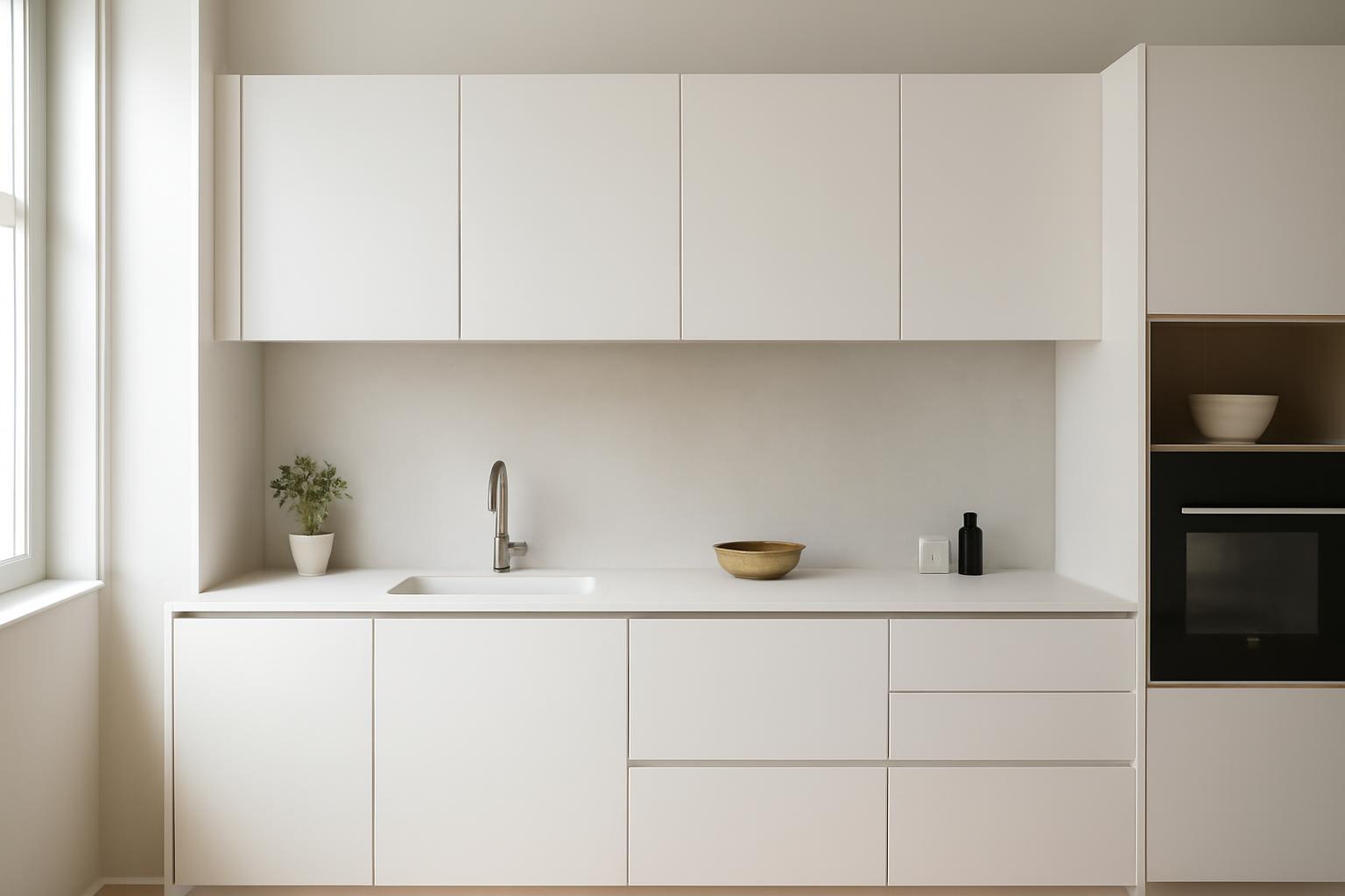 Modern minimalista konyha fehér bútorokkal és egyszerű formákkal.