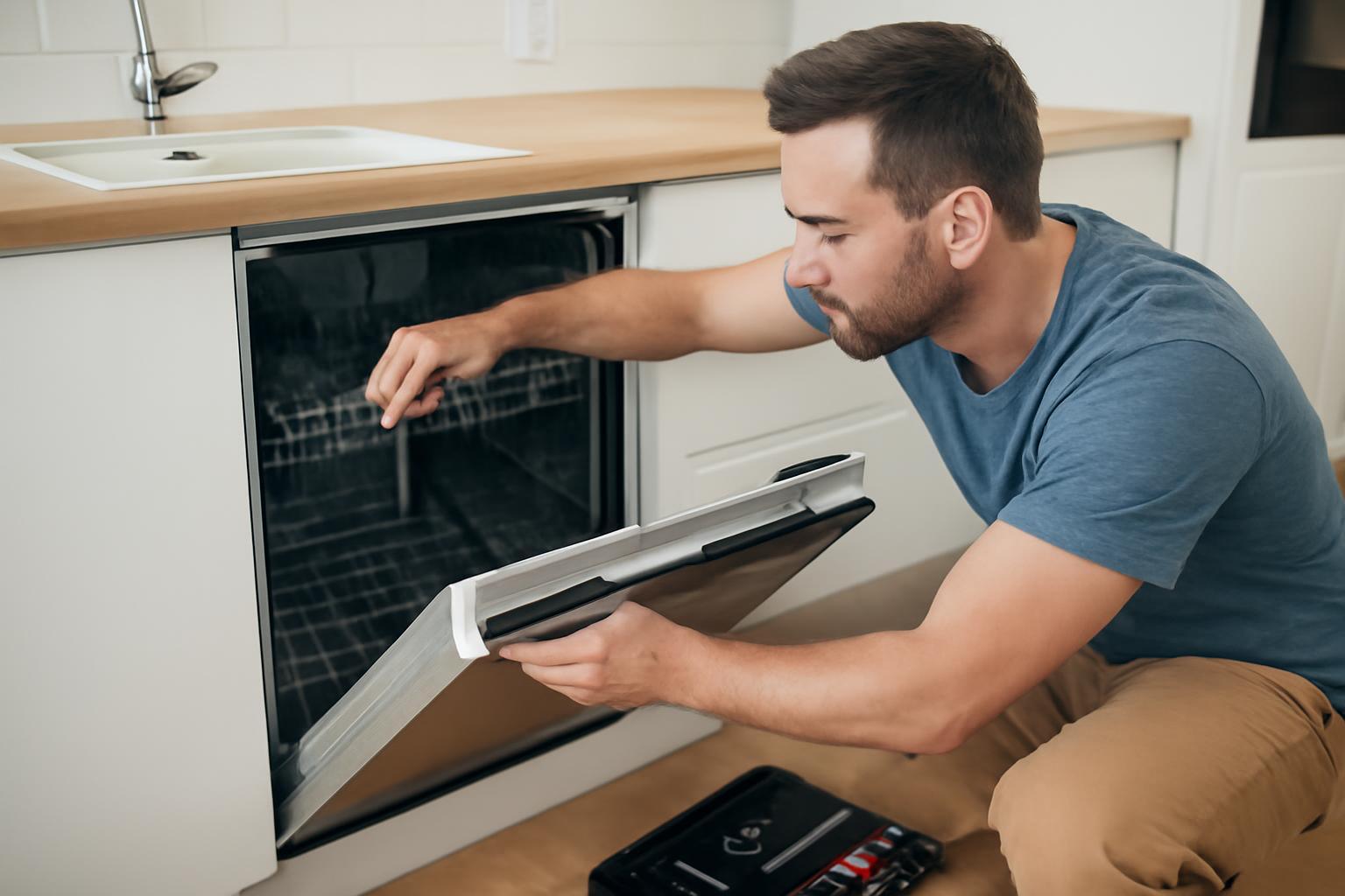 Egy férfi mosogatógépet szerel be a konyhában, figyelmesen ellenőrzi a készüléket.
