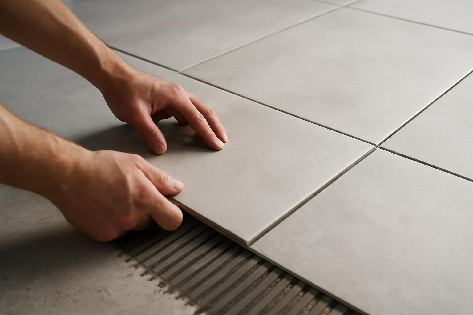 Kéz burkolás közben, nagy lapos csempe elhelyezése egy sima felületen.