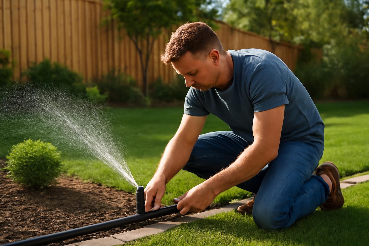Egy férfi öntözőrendszert szerel a kertben, vízsugár spriccel a fűre.