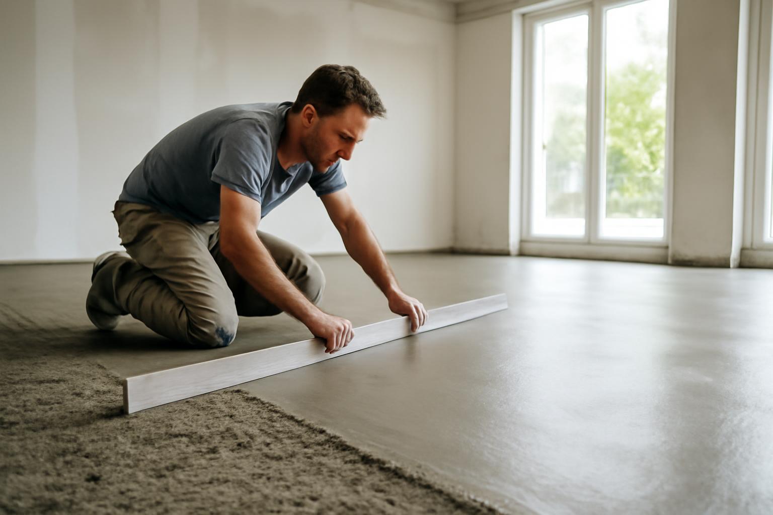 Egy férfi padlókiegyenlítést végez, egyenesítőt használva a sima felület kialakításához.