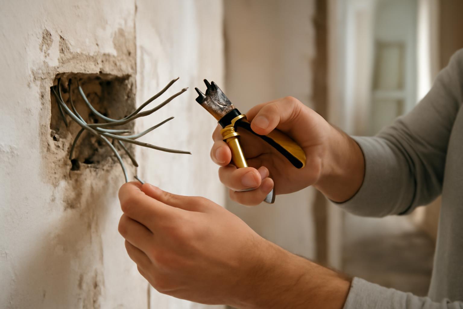 Egy szakember régi elektromos vezetékeket cserél a falban, villanyszerelő szerszámot használva.