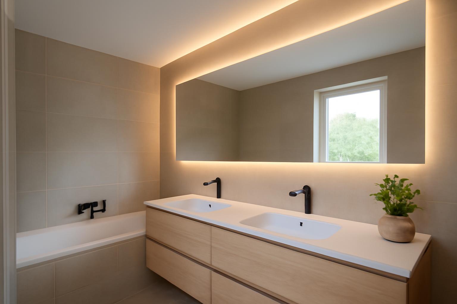 Modern fürdőszoba rejtett világítással, elegáns design és természetes fény.