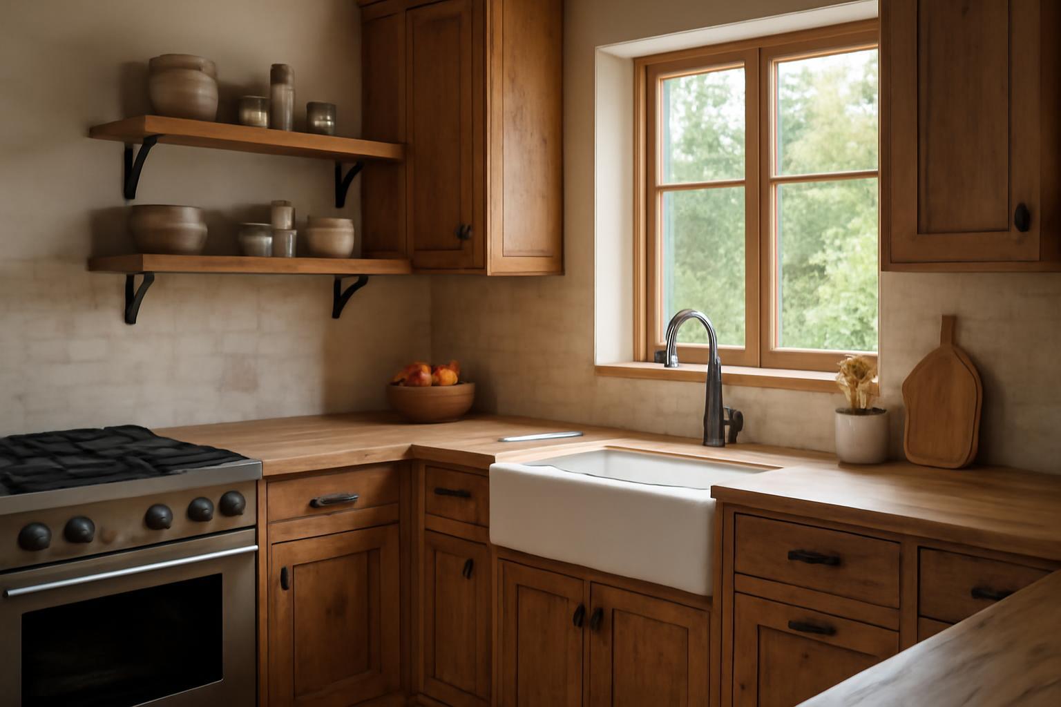 Rusztikus konyha fából készült bútorokkal és nagy ablakokkal.