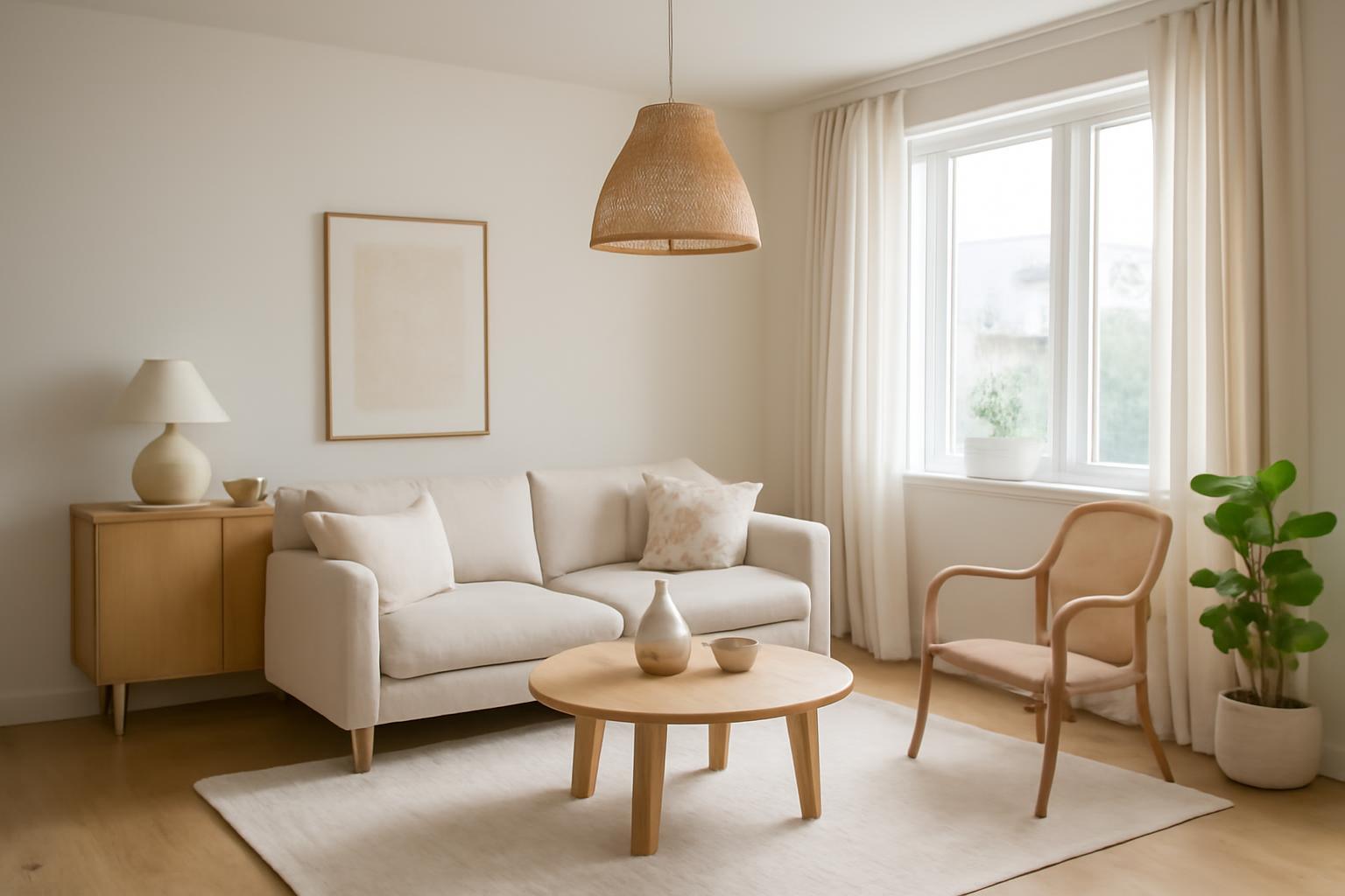 Skandináv stílusú nappali világos bútorokkal és növényekkel.