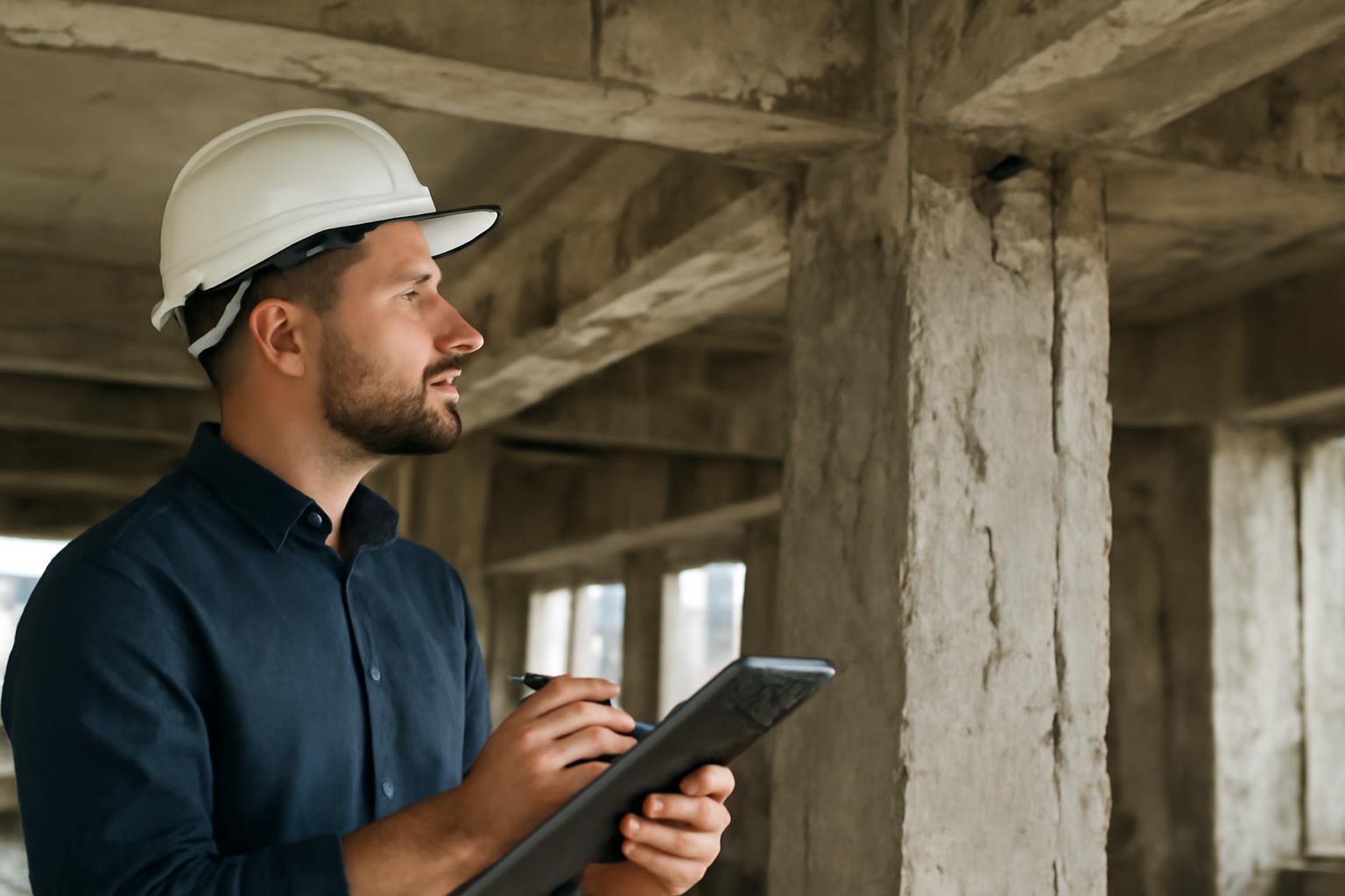 Egy statikai szakértő vizsgálja az épület szerkezetét felújítás előtt.