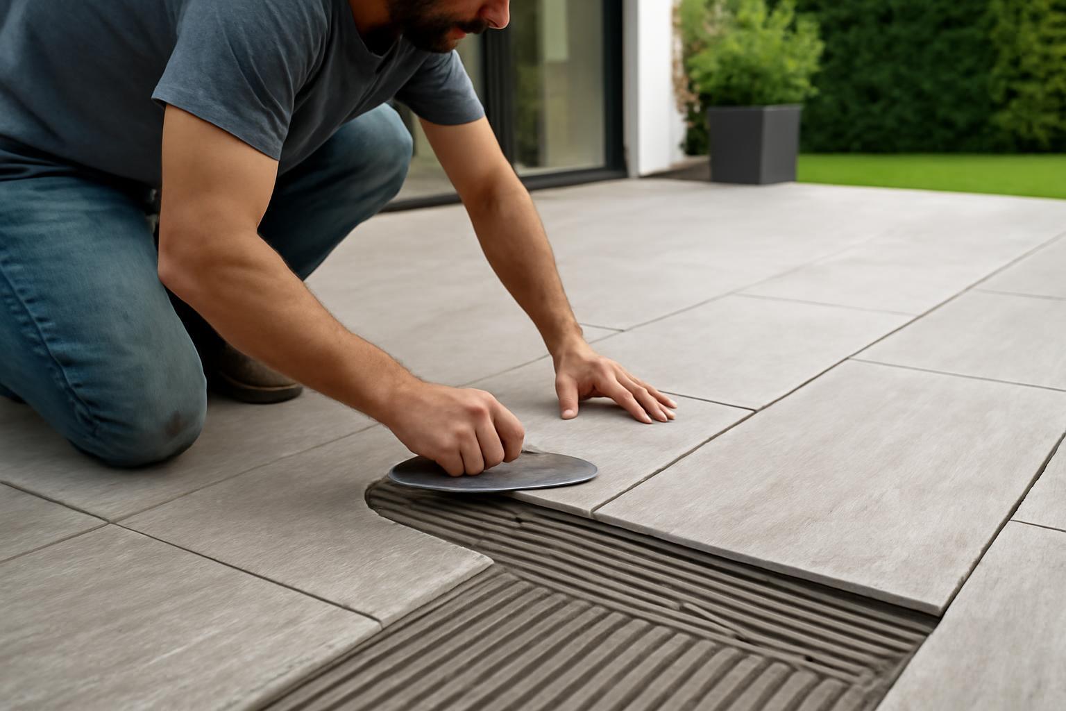 Egy férfi terasz burkolását végzi, lapokat helyez el a simítóval.