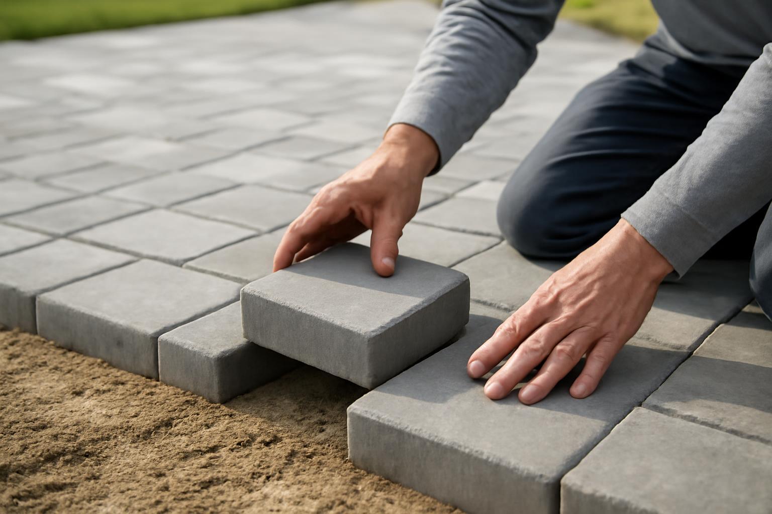 Kézben tartott térkő, amelyet egy férfi helyez el a burkolatban.