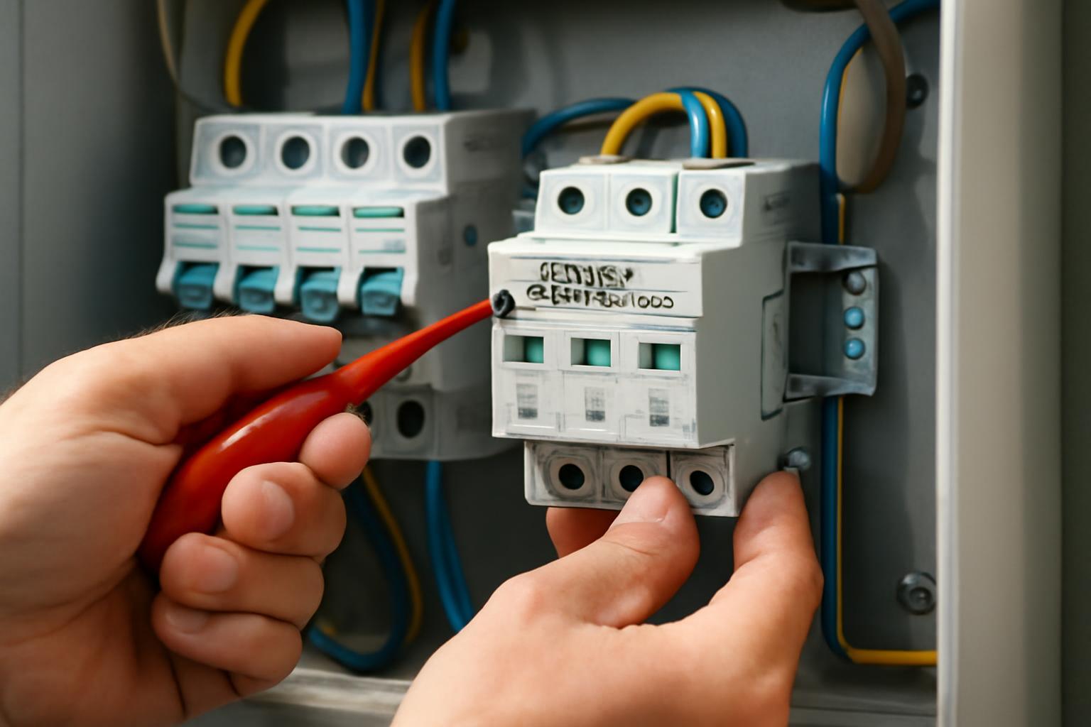 Egy szakember éppen túlfeszültség védelmi eszközt telepít egy elektromos panelen.