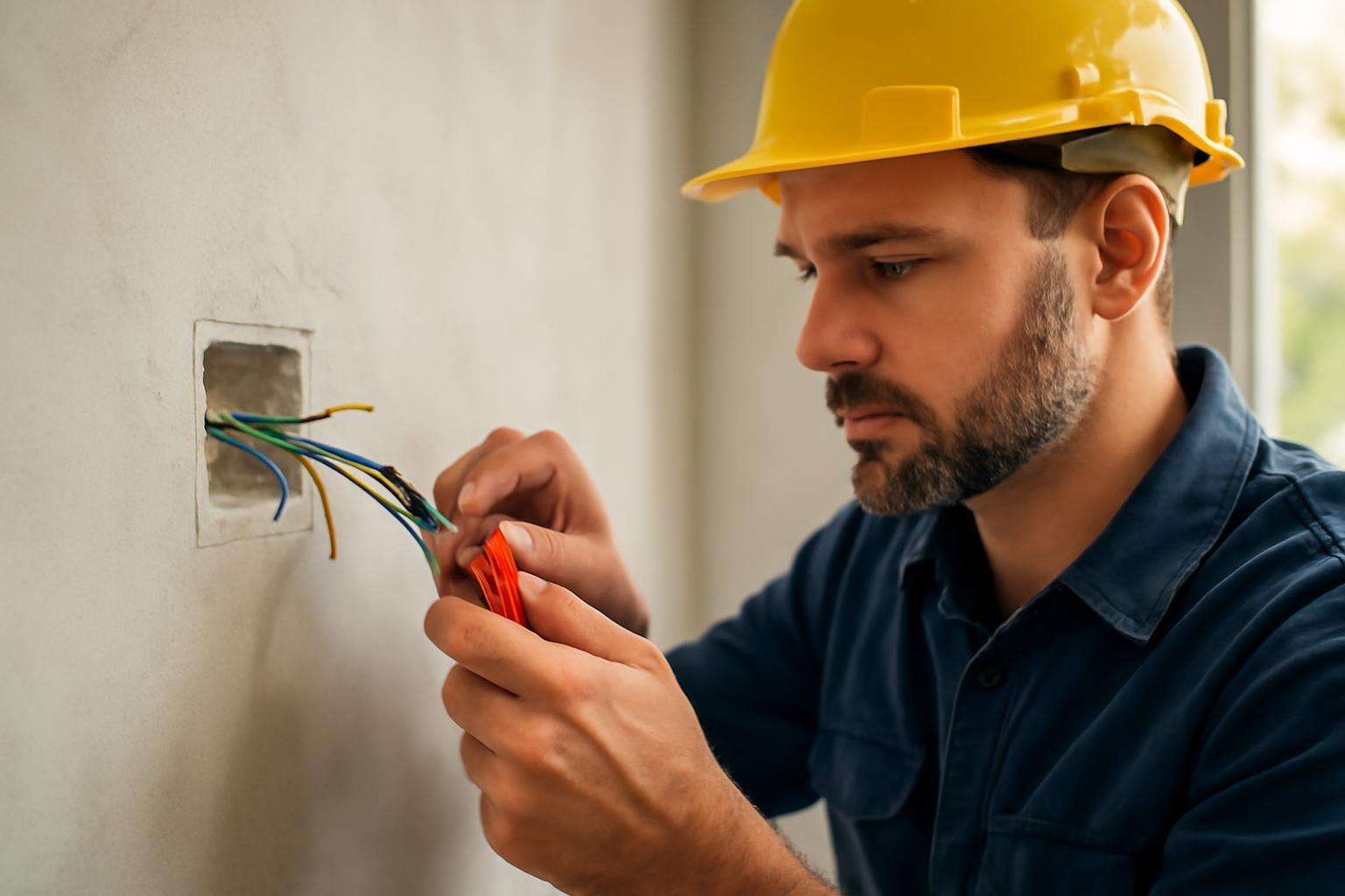 Egy villanyszerelő a falban lévő vezetékeket szereli, figyelmesen dolgozik.