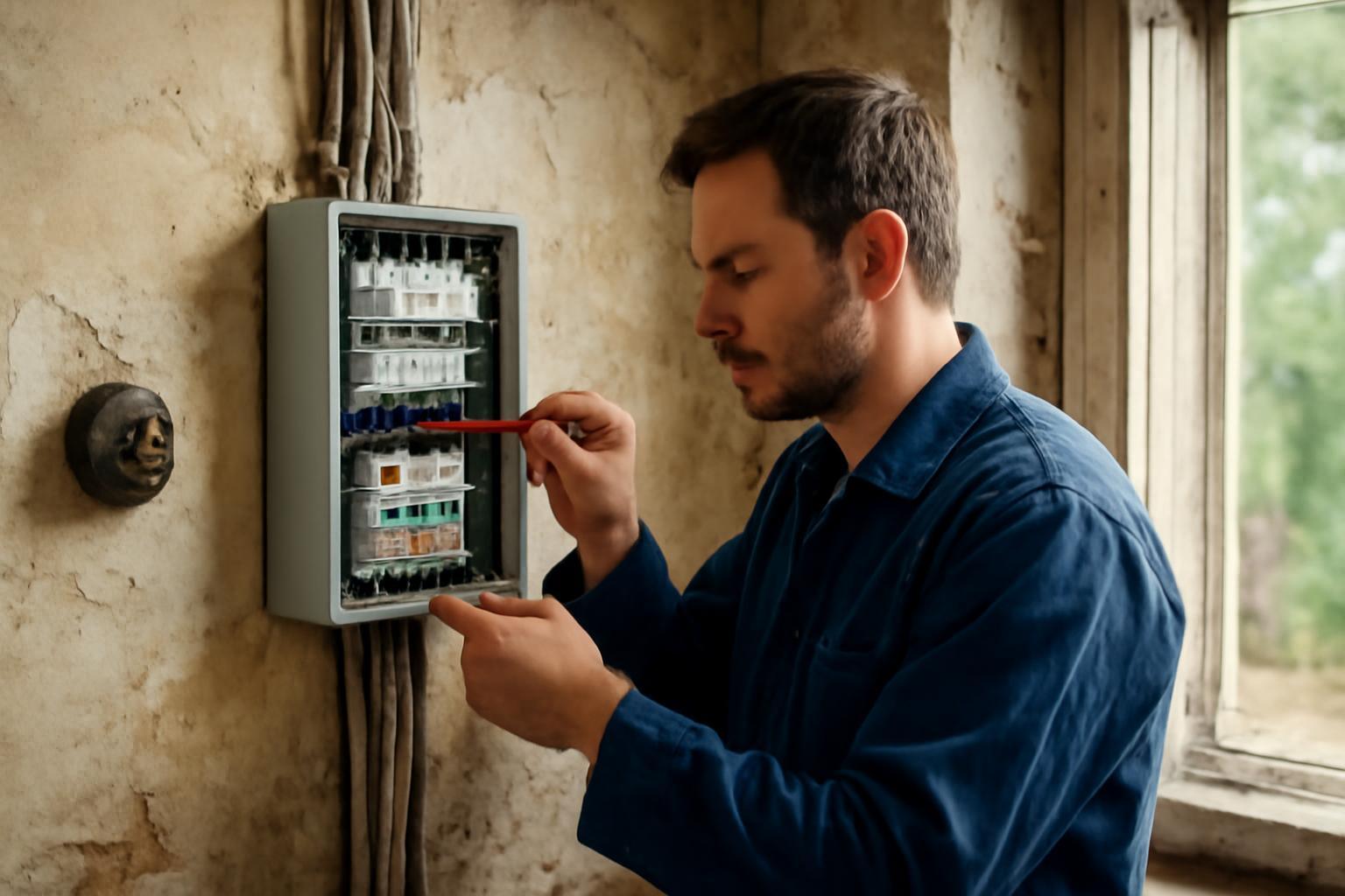 Egy férfi villanyszerelési munkát végez egy régi ház elektromos paneljén.