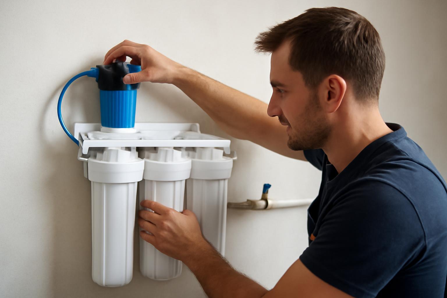 Egy férfi vízszűrő rendszert telepít, a szűrőbetétek és a víztartály látható.