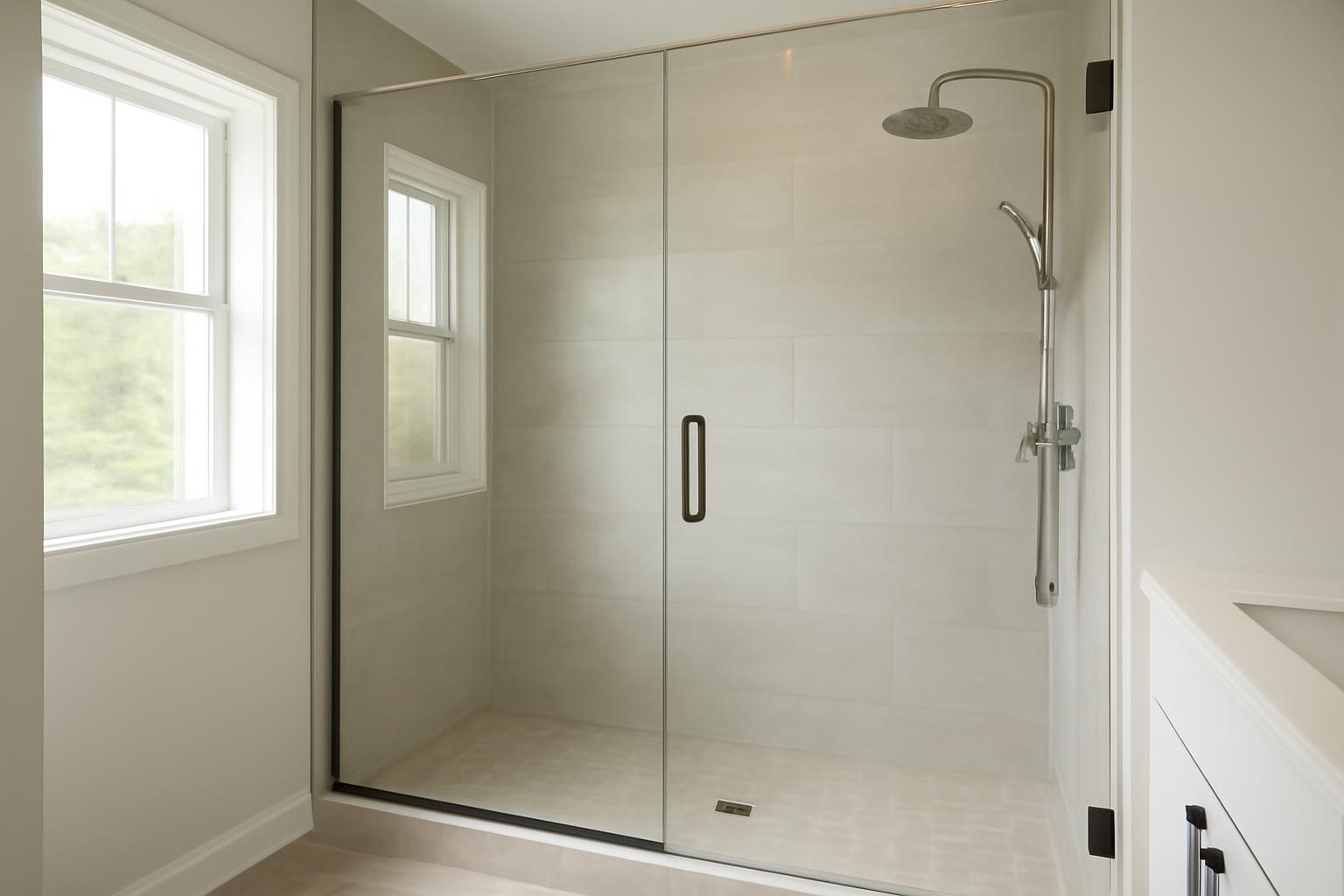 Modern walk-in zuhany üvegfalakkal és esőztető fejjel, világos fürdőszobában.