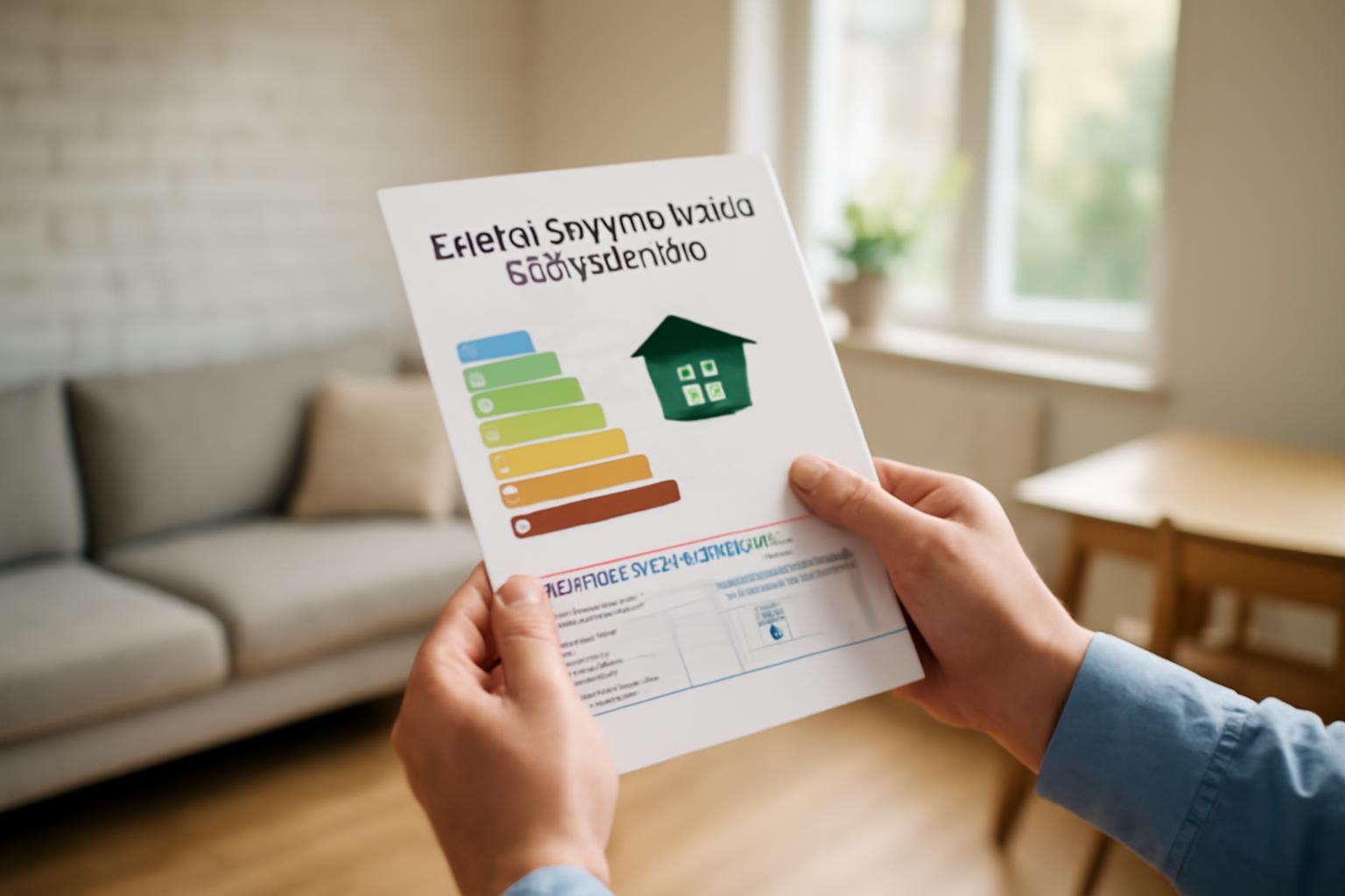 Energetikai tanúsítványt tartó személy, a háttérben egy világos nappali.