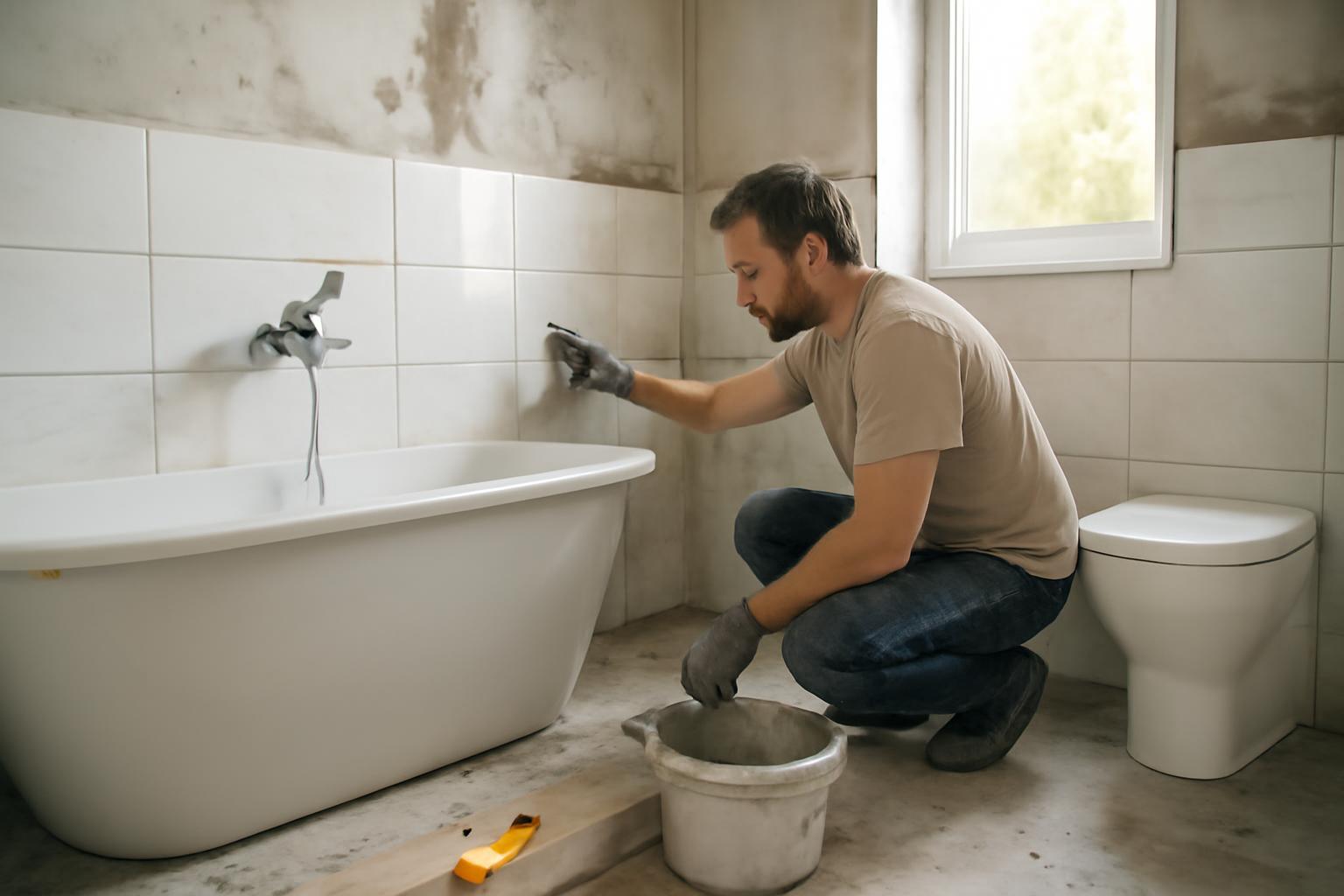 Egy férfi fürdőszobát felújít, csempefugát javít a kád mellett.