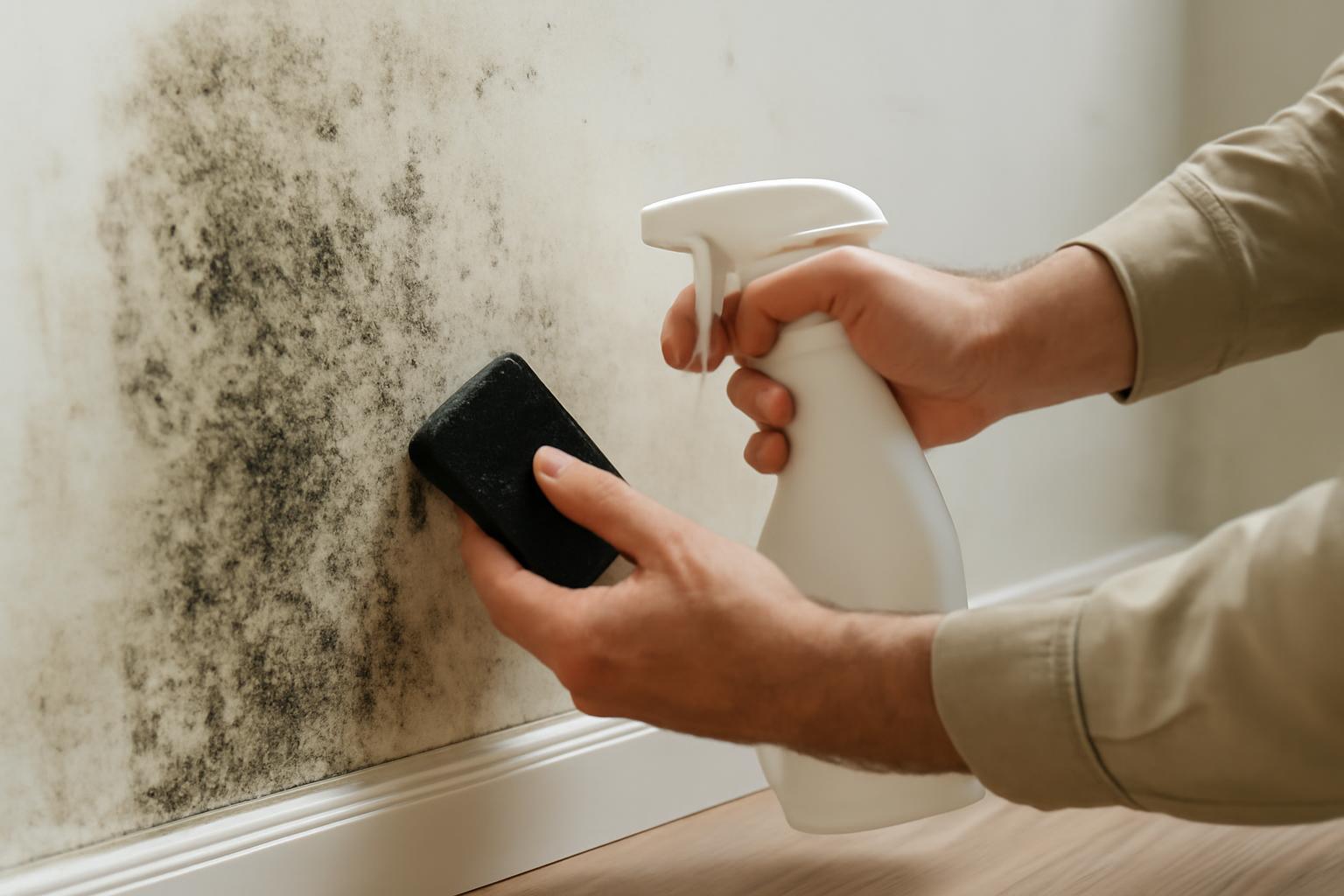 Egy személy penész eltávolítására szolgáló spray-t használ a falon.
