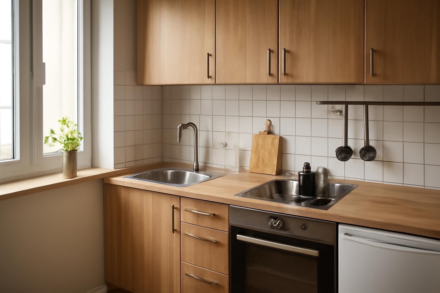 Modern kis konyha, világos fából készült bútorokkal és praktikus tárolókkal.