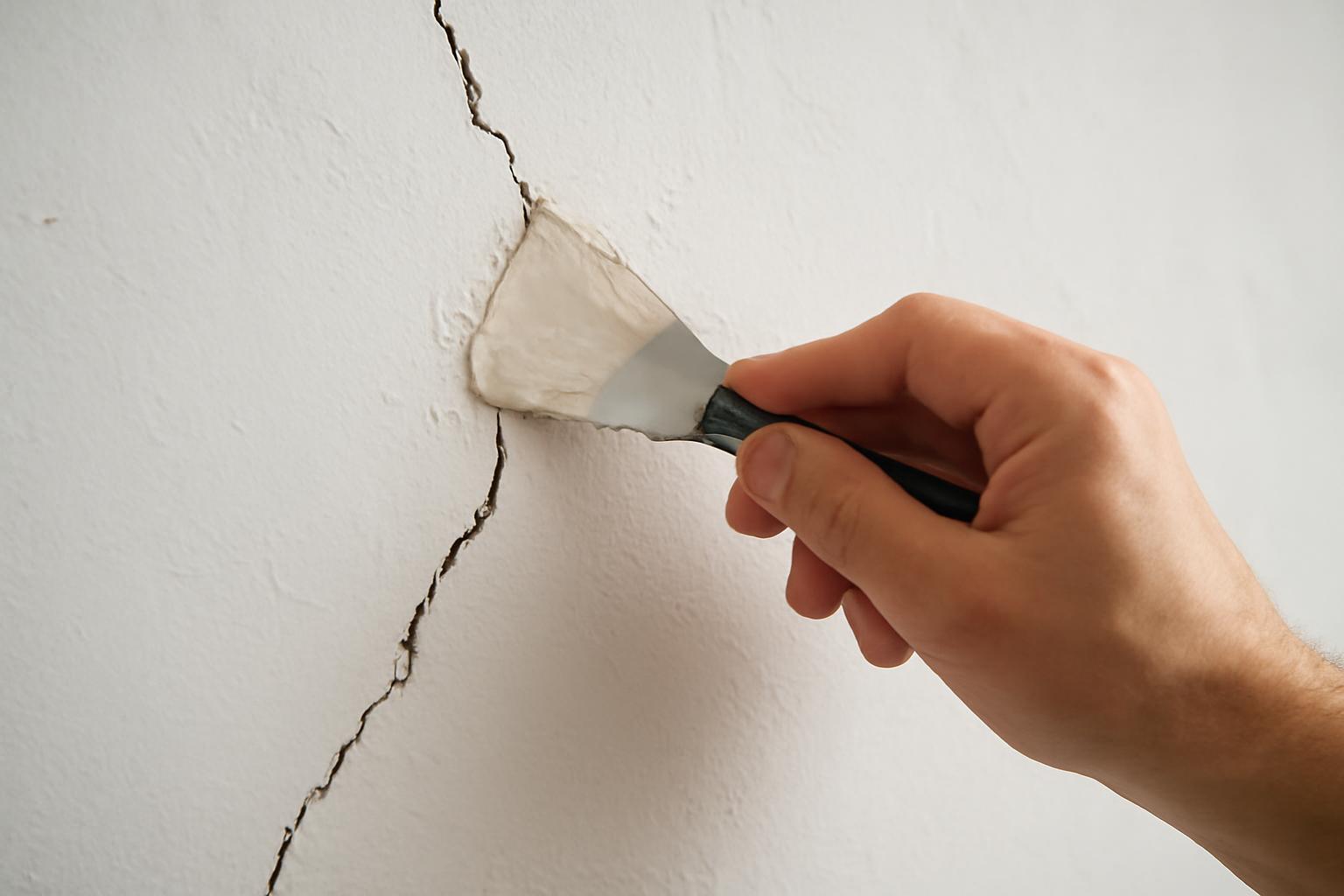 Kéz simítóval javítja a repedezett falat, fehér vakolattal.