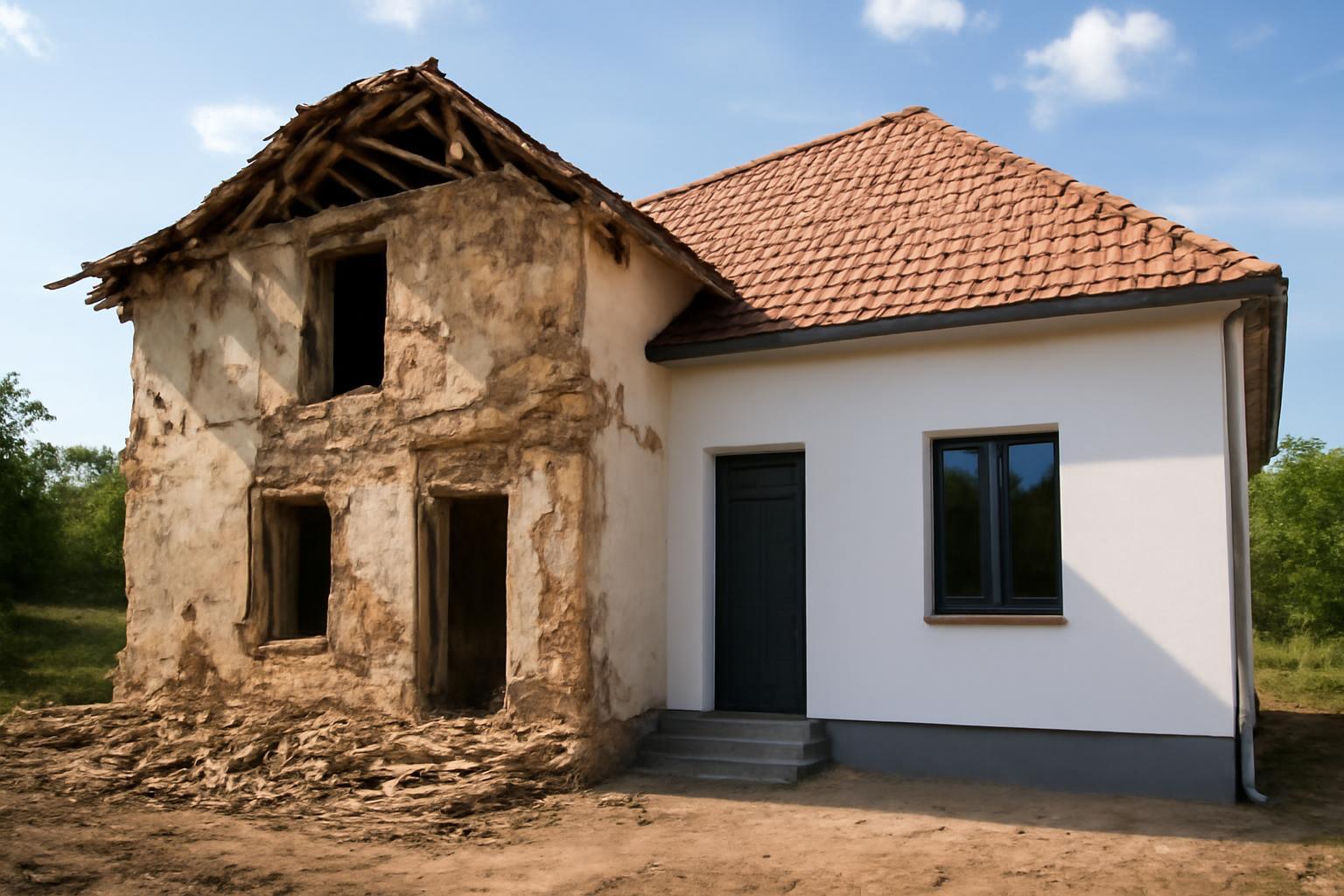 Egy romos ház felújítás előtt és után, a bal oldalon a régi falazat látható.