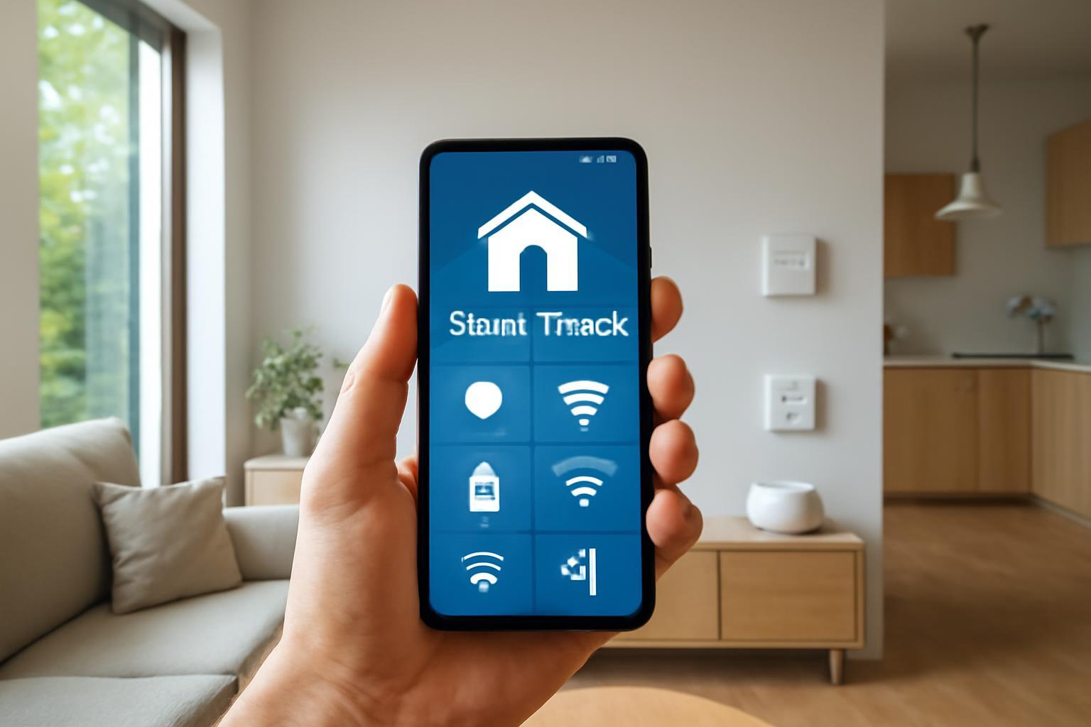 Okostelefon, amelyen a smart home vezérlőfelülete látható, modern otthonban.