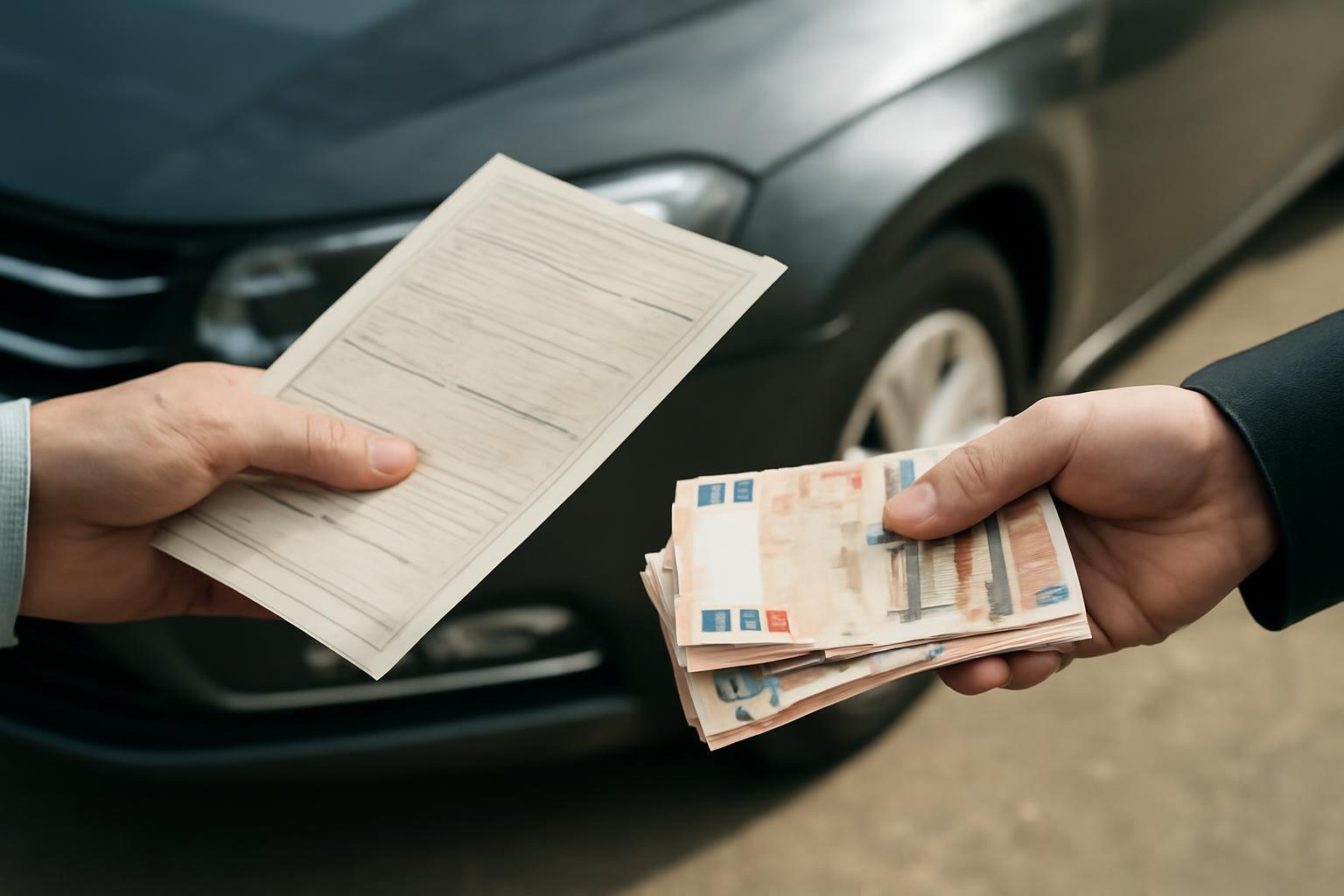 Két kéz pénzt és okmányt cserél egy autó átírása során.