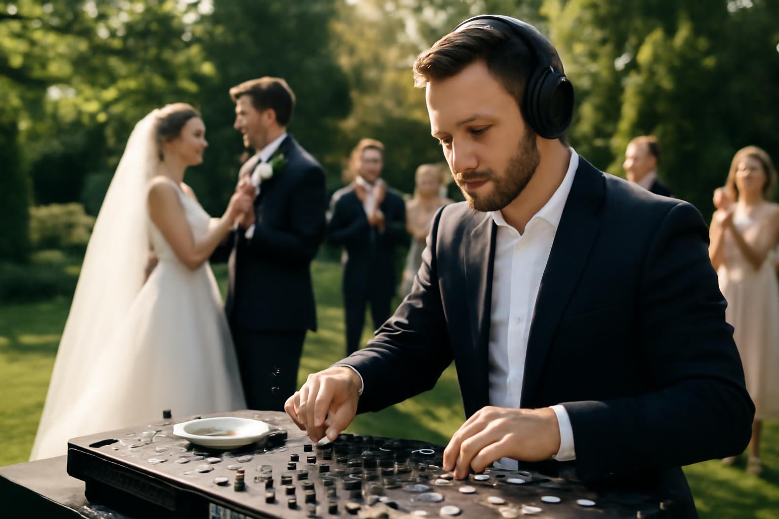 Egy DJ játszik az esküvői bulin, háttérben az ifjú pár táncol.