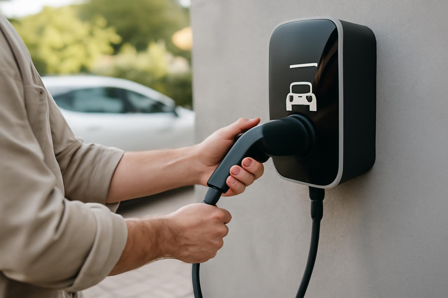 Egy férfi elektromos autó töltőjét csatlakoztatja a falhoz rögzített töltőállomáshoz.