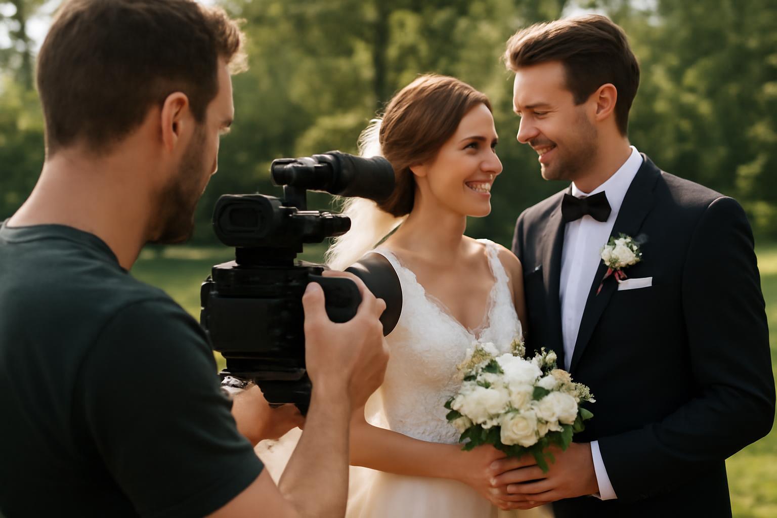 Egy esküvői videós rögzíti a boldog pár pillanatait a szabadban.