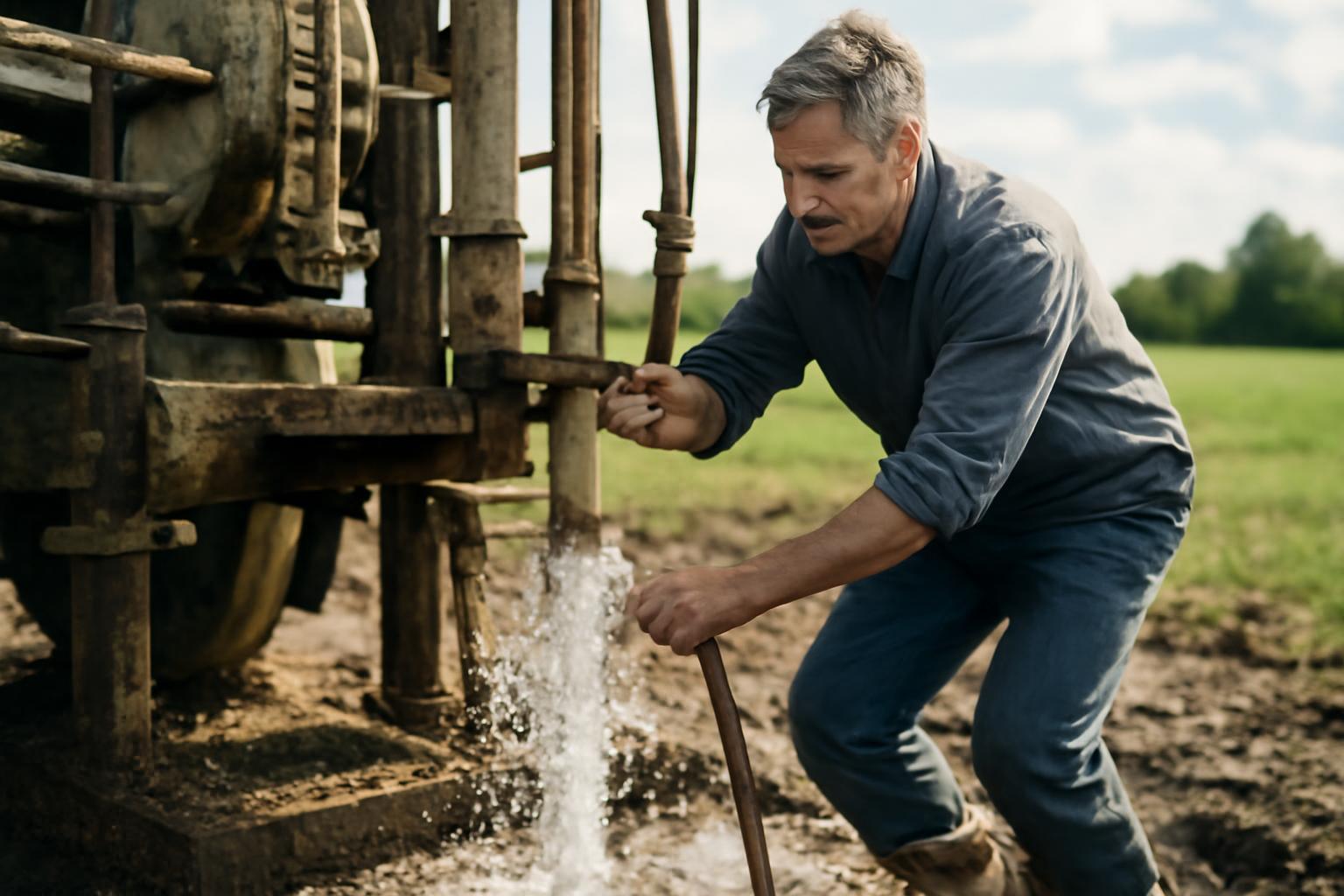 Egy férfi kút fúrása közben, víz spriccel a gépből egy mezőn.